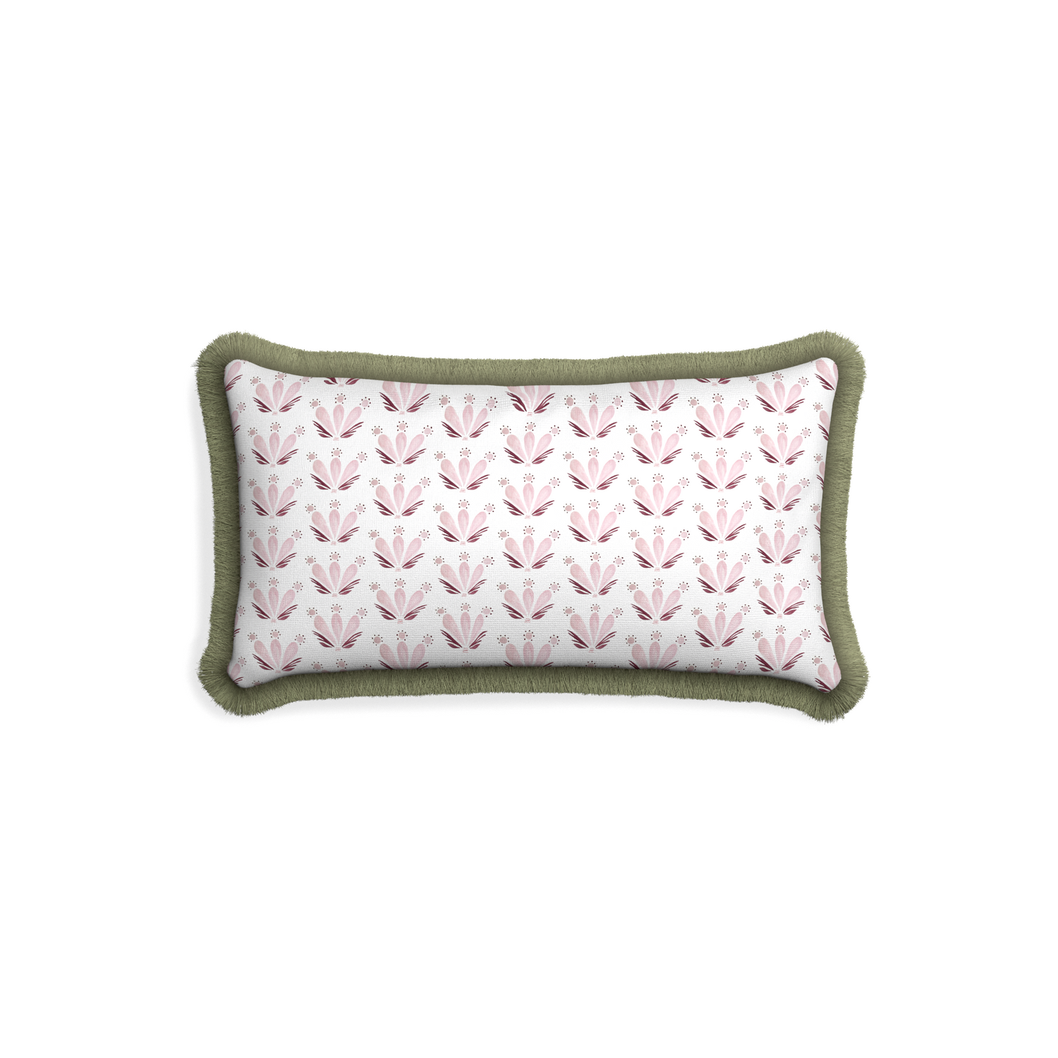 Petite-lumbar serena pink custom pink & burgundy drop repeat floralpillow with sage fringe on white background