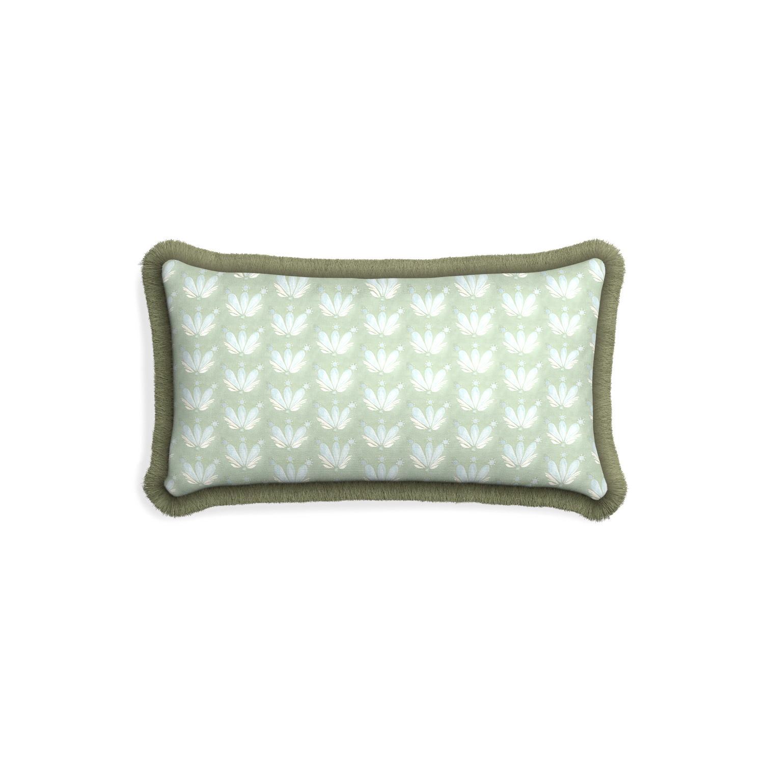 Petite-lumbar serena sea salt custom blue & green floral drop repeatpillow with sage fringe on white background