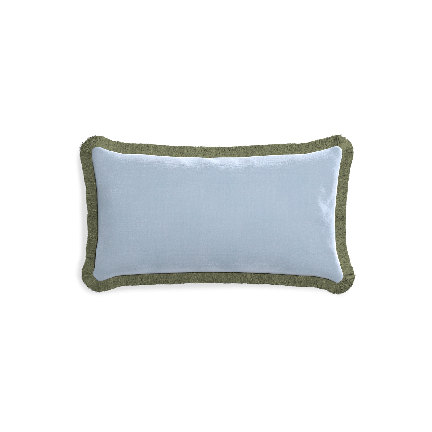 rectangle light blue velvet pillow with sage green fringe 