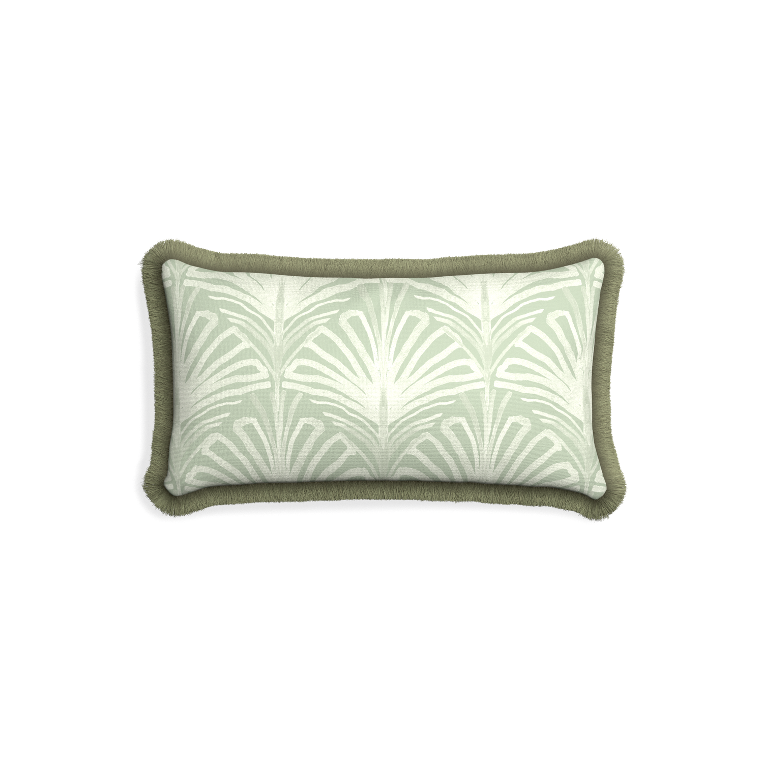 Petite-lumbar suzy sage custom sage green palmpillow with sage fringe on white background