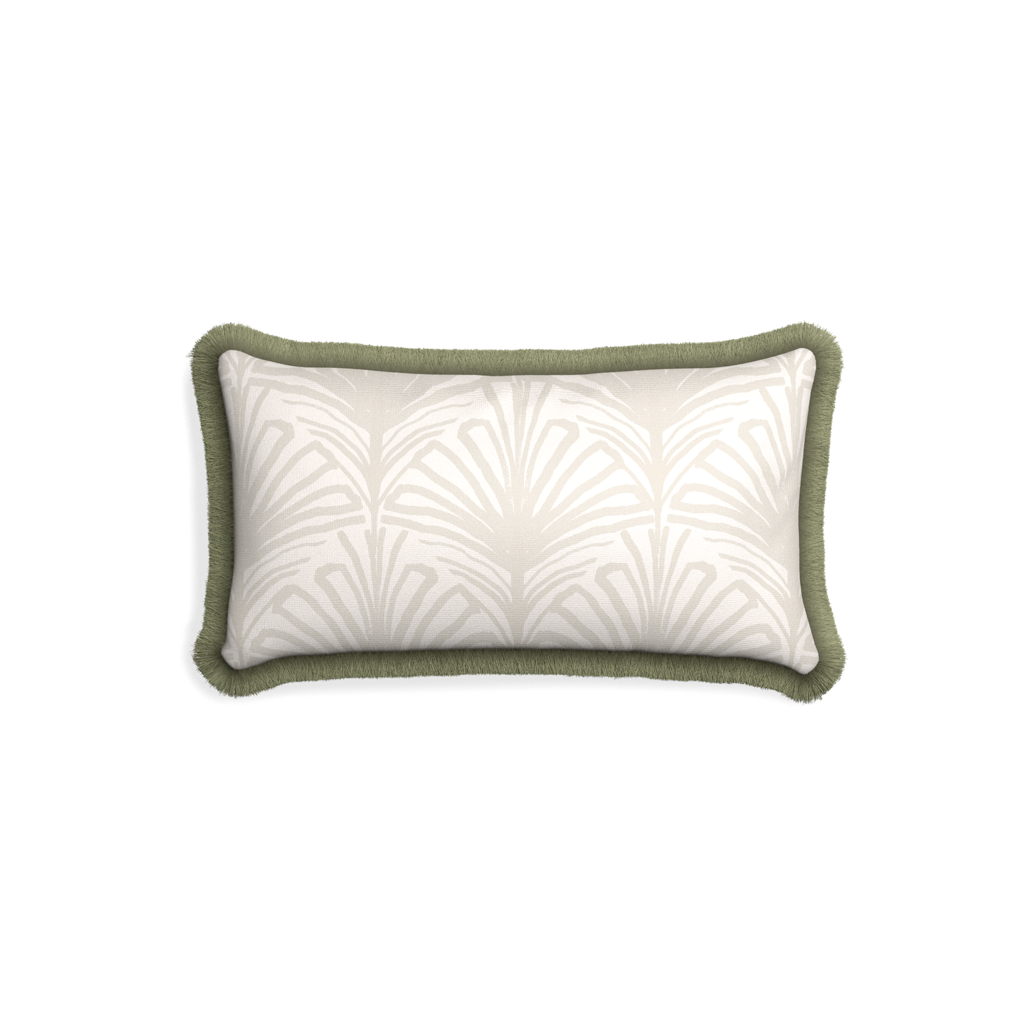 Petite-lumbar suzy sand custom beige palmpillow with sage fringe on white background