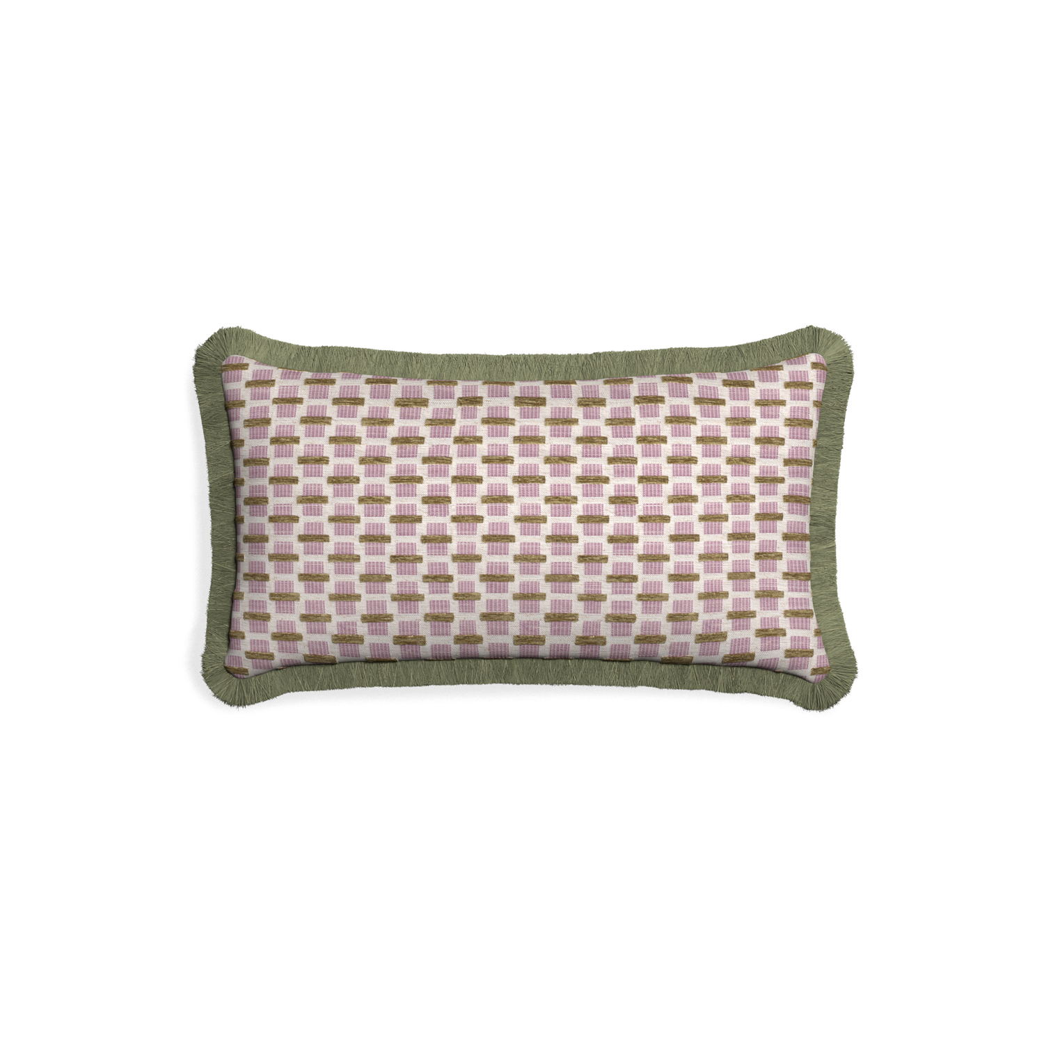 Petite-lumbar willow orchid custom pink geometric chenillepillow with sage fringe on white background