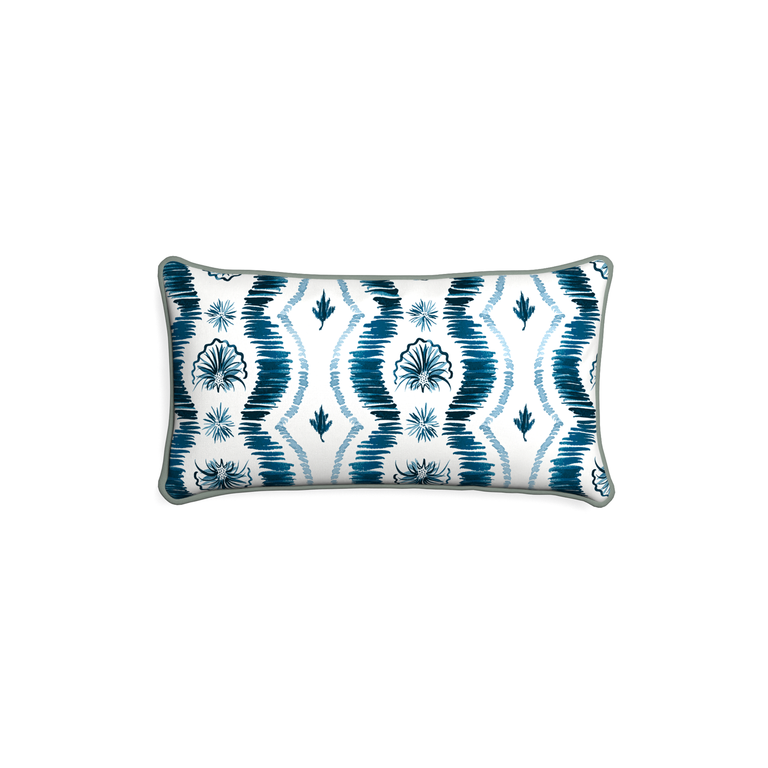 Petite-lumbar alice custom blue ikatpillow with sage piping on white background