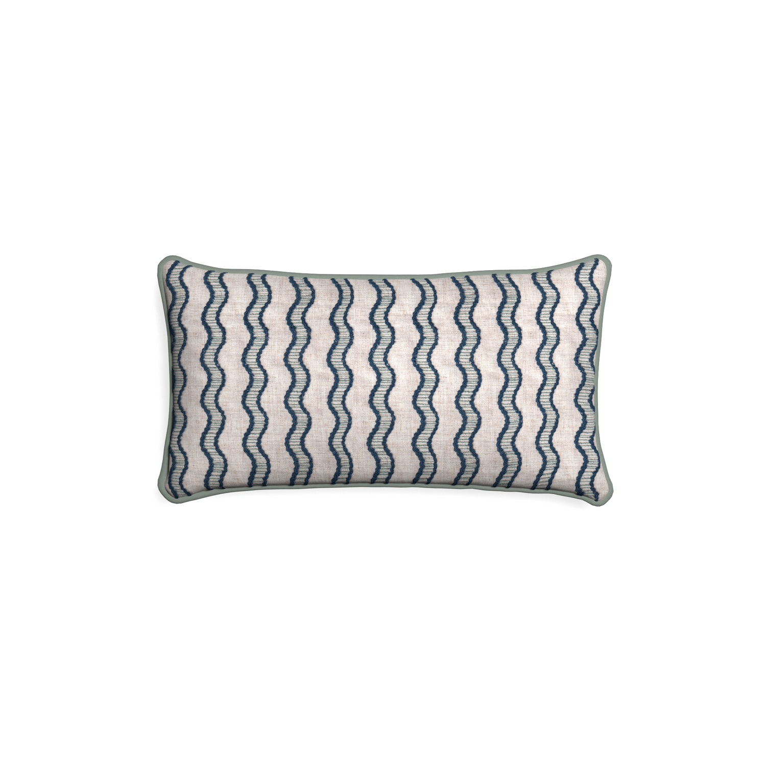 Petite-lumbar beatrice custom embroidered wavepillow with sage piping on white background