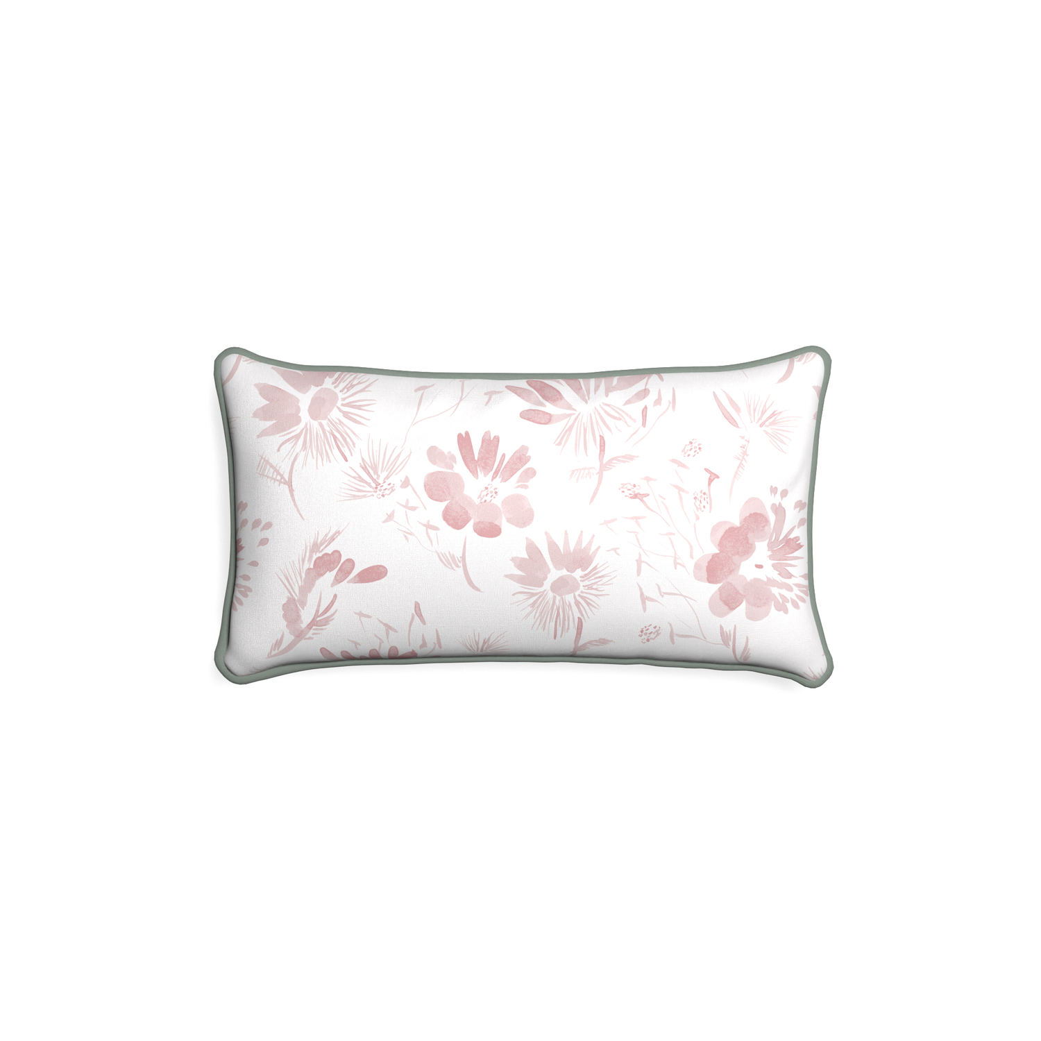 Petite-lumbar blake custom pink floralpillow with sage piping on white background