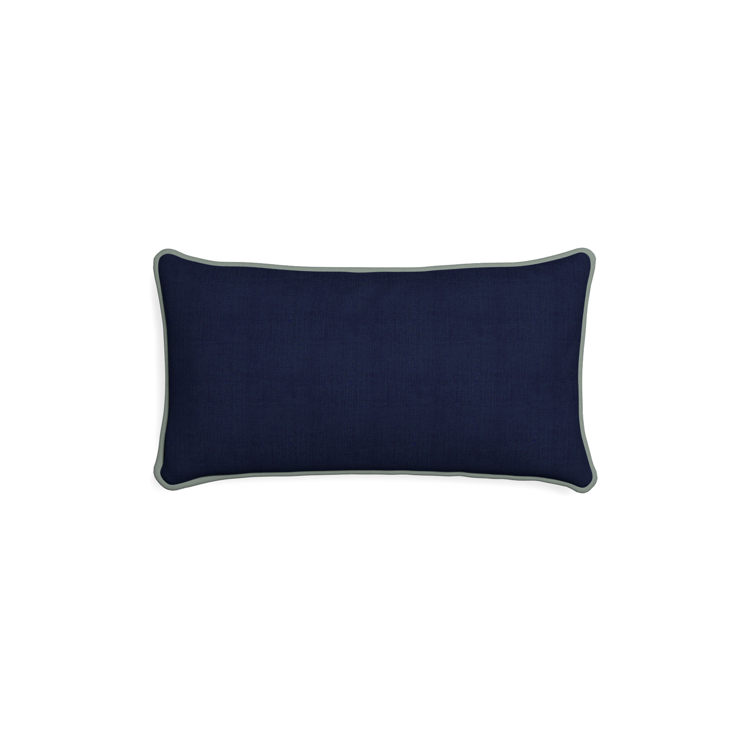 Petite-lumbar midnight custom navy bluepillow with sage piping on white background