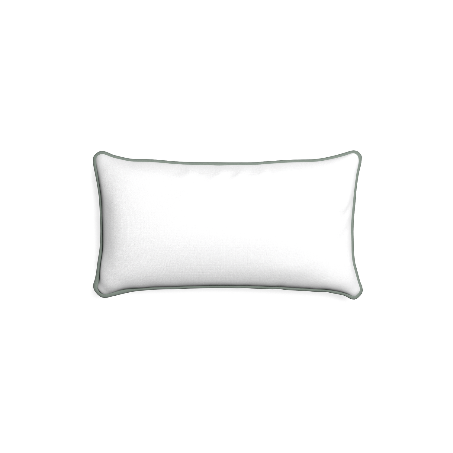 Petite-lumbar snow custom white cottonpillow with sage piping on white background