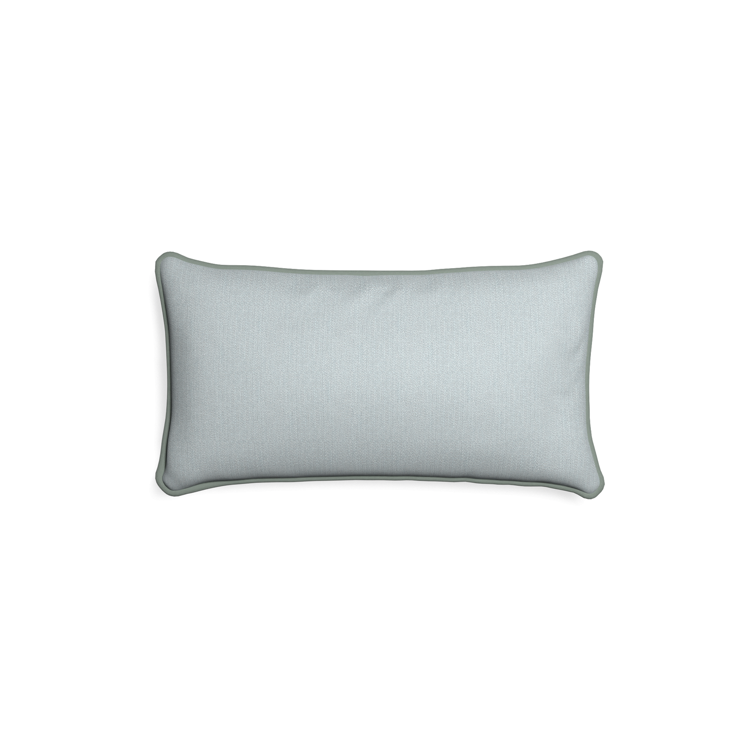 Petite-lumbar sea custom grey bluepillow with sage piping on white background