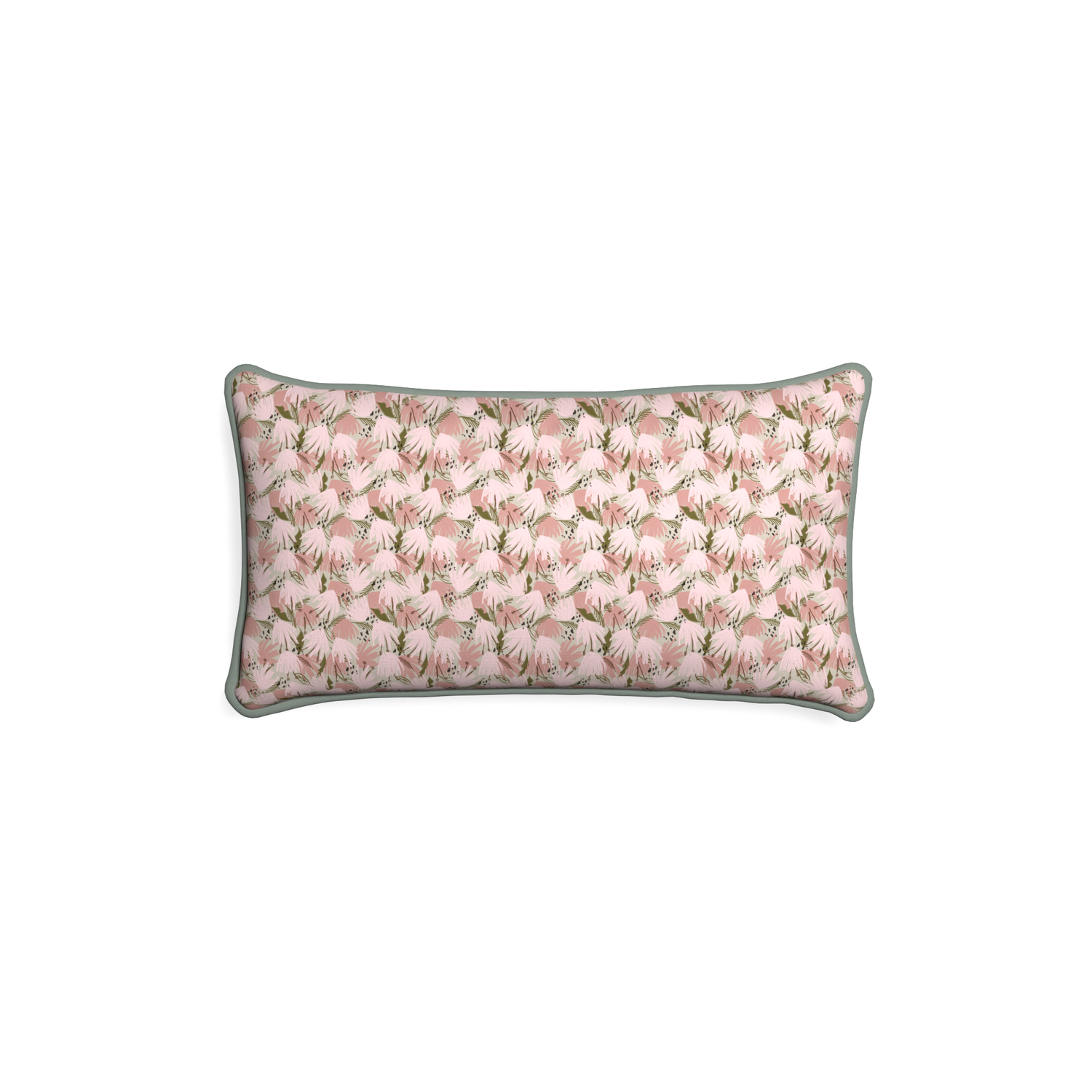 Petite-lumbar eden pink custom pink floralpillow with sage piping on white background