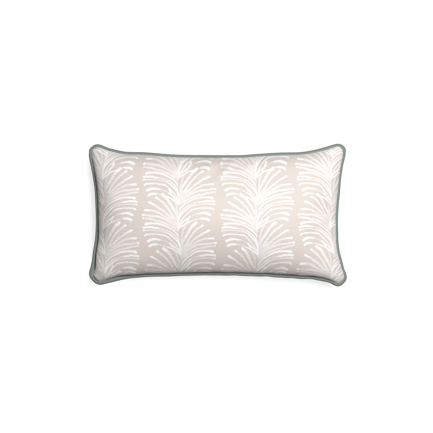 Petite-lumbar emma sand custom sand colored botanical stripepillow with sage piping on white background
