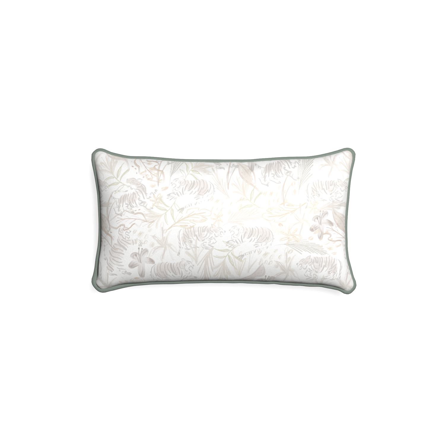 Petite-lumbar frida sand custom beige chinoiserie tigerpillow with sage piping on white background