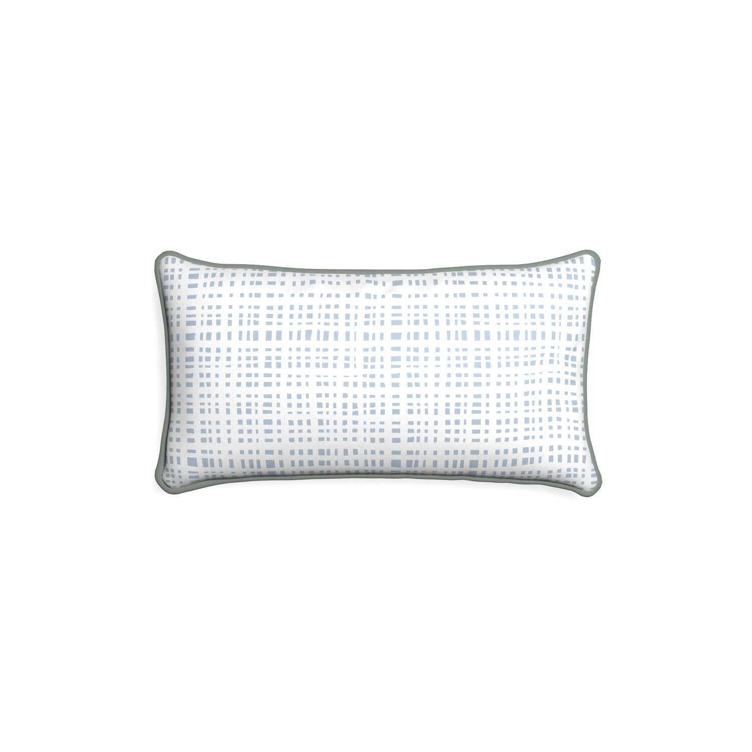 Petite-lumbar ginger custom plaid sky bluepillow with sage piping on white background
