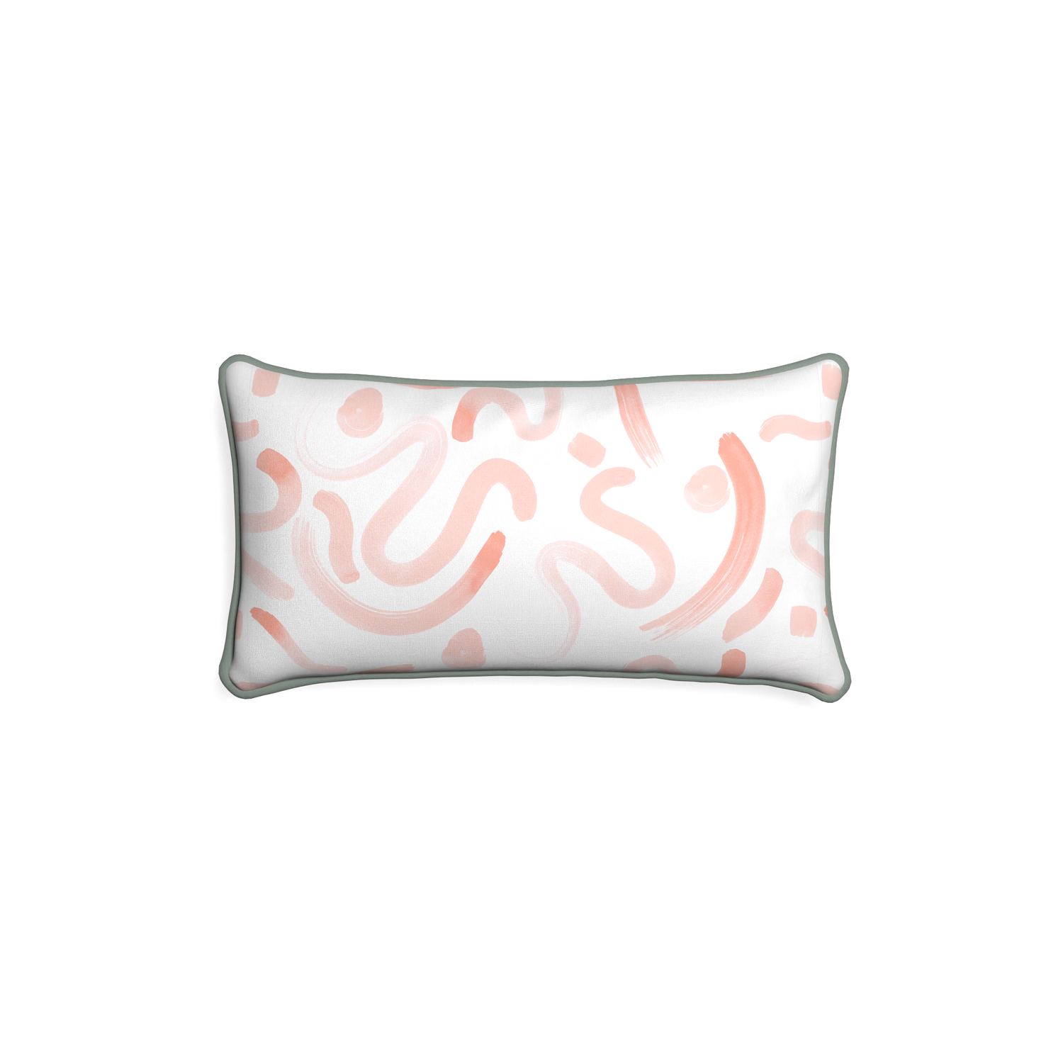 Petite-lumbar hockney pink custom pink graphicpillow with sage piping on white background