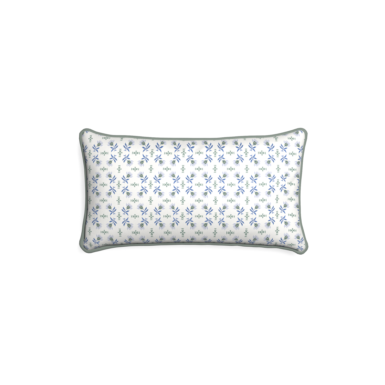Petite-lumbar lee custom blue & green floralpillow with sage piping on white background