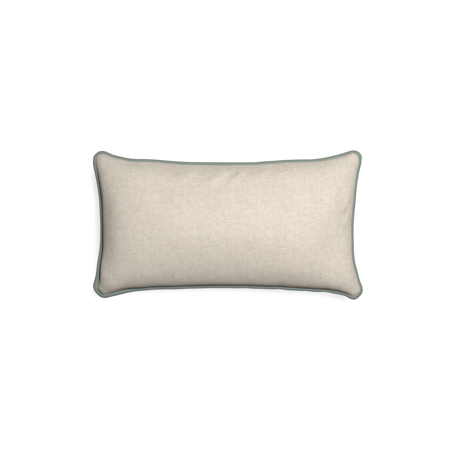 Petite-lumbar oat custom light brownpillow with sage piping on white background