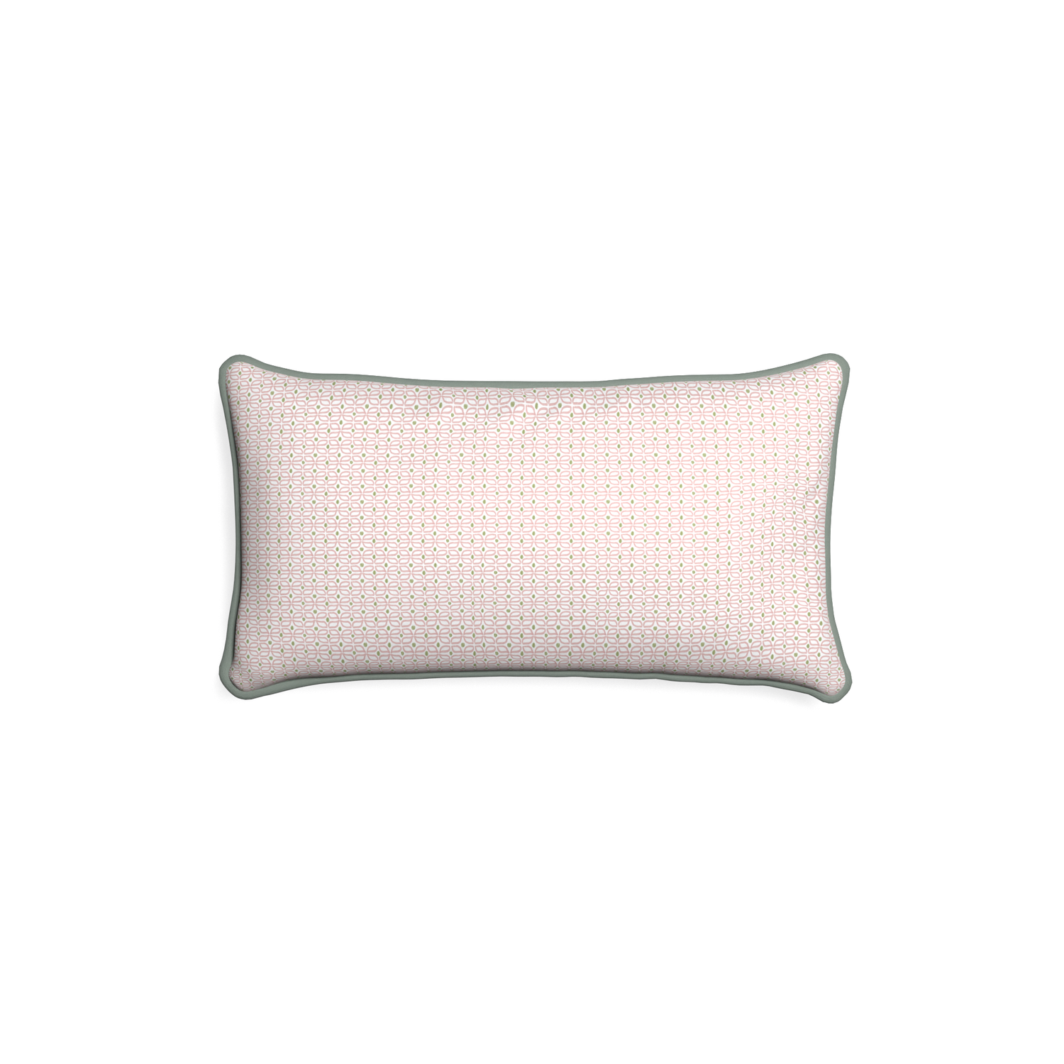 Petite-lumbar loomi pink custom pink geometricpillow with sage piping on white background