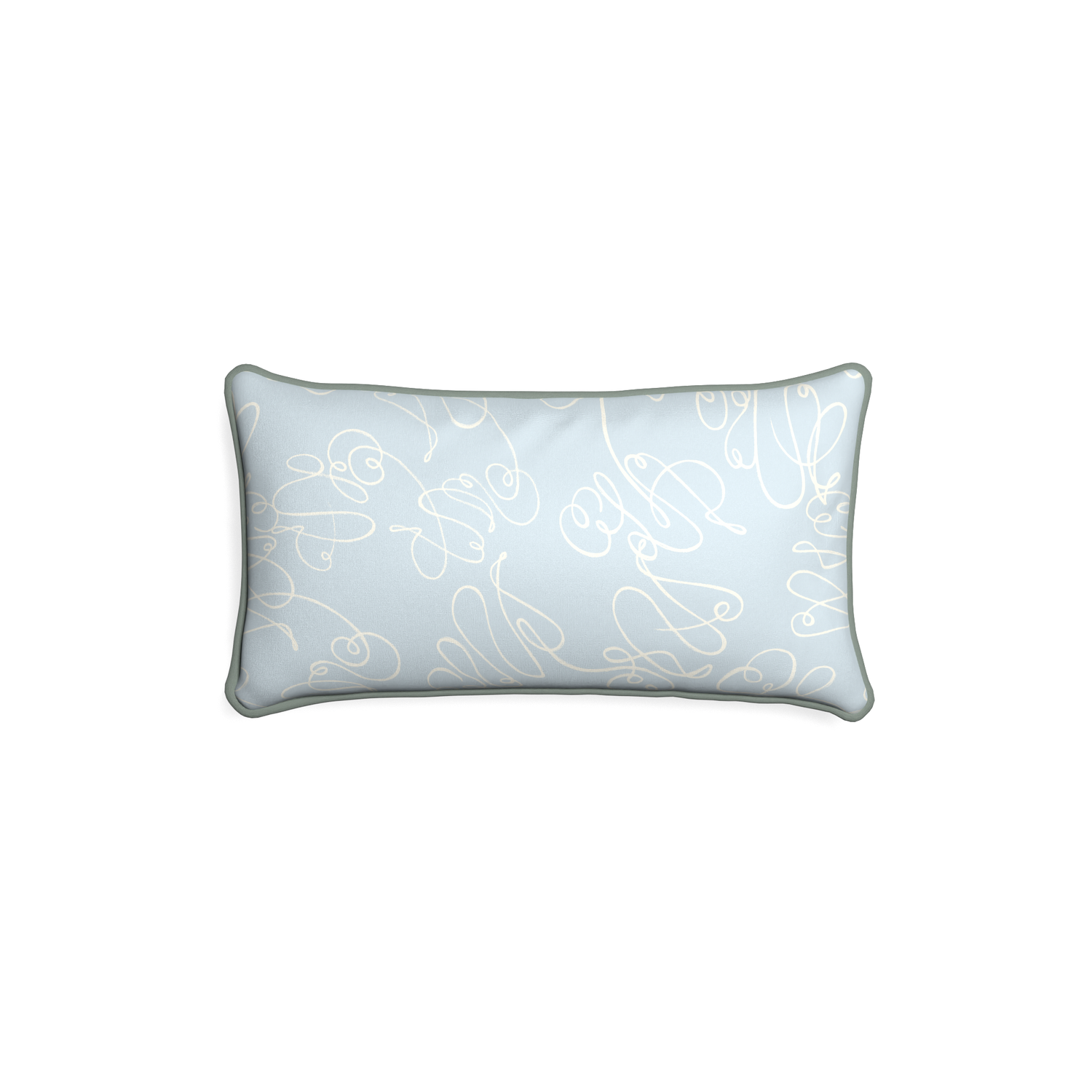 Petite-lumbar mirabella custom powder blue abstractpillow with sage piping on white background