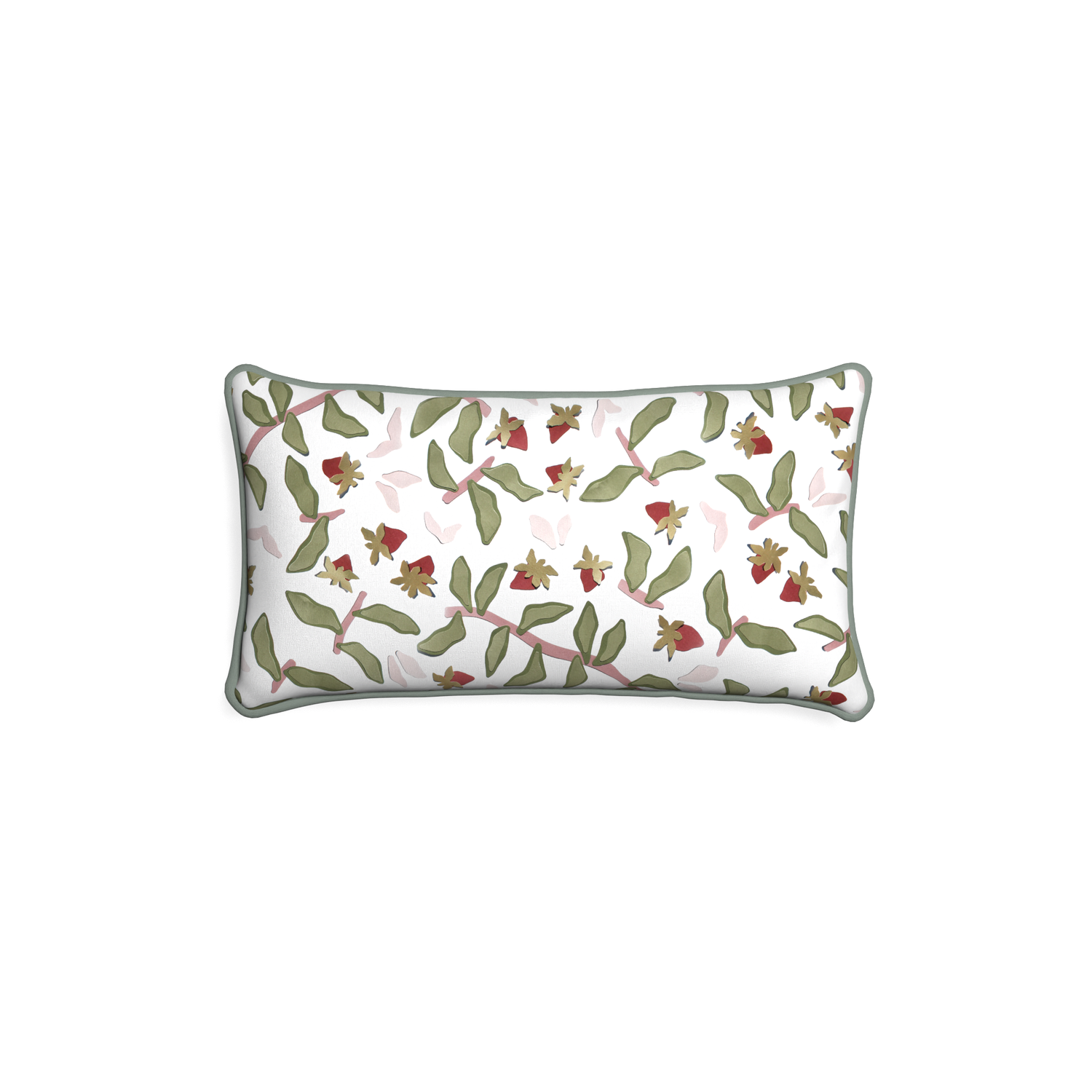 Petite-lumbar nellie custom strawberry & botanicalpillow with sage piping on white background