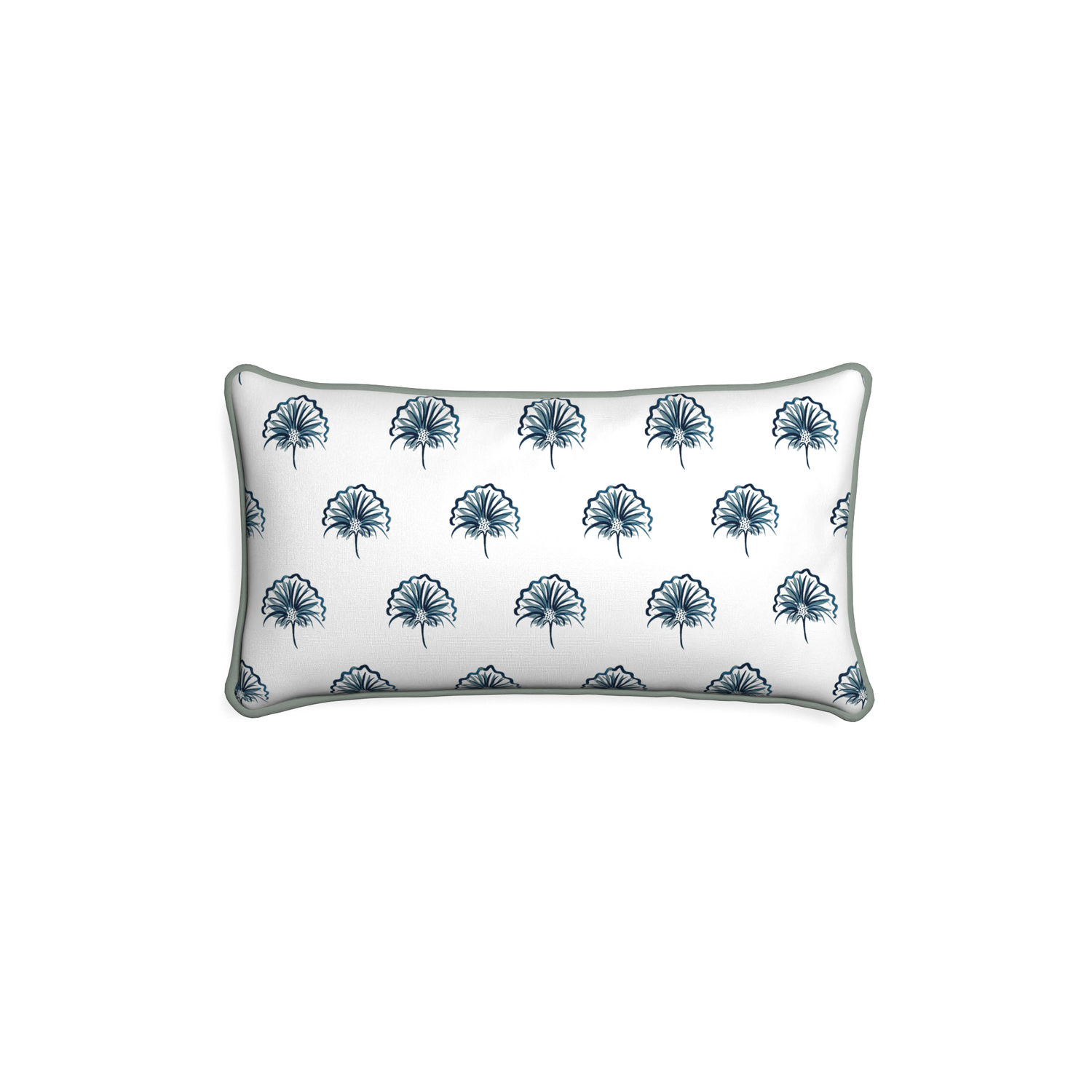 Petite-lumbar penelope midnight custom floral navypillow with sage piping on white background