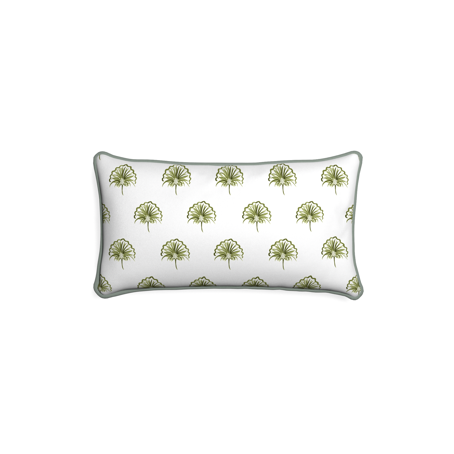 Petite-lumbar penelope moss custom green floralpillow with sage piping on white background