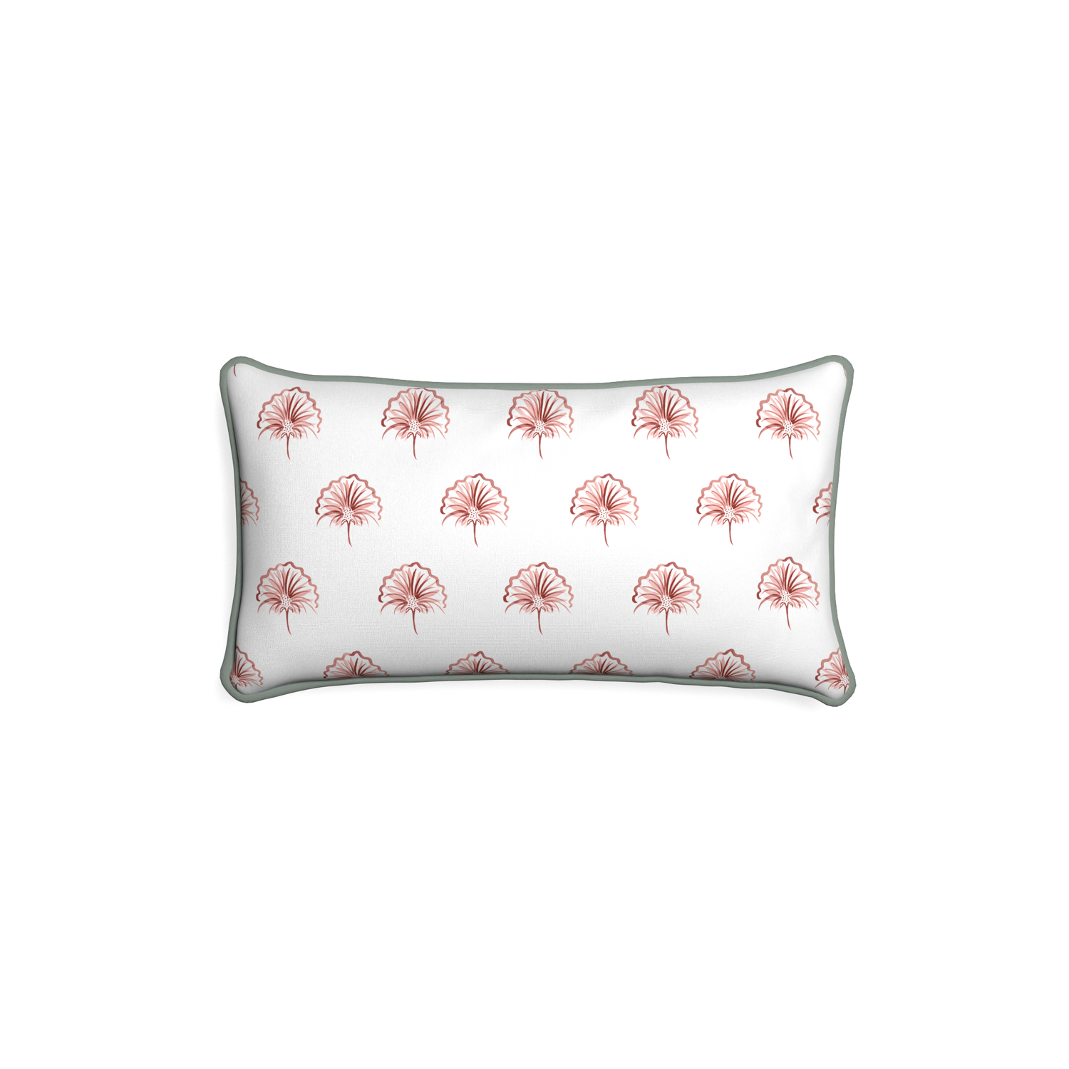 Petite-lumbar penelope rose custom floral pinkpillow with sage piping on white background