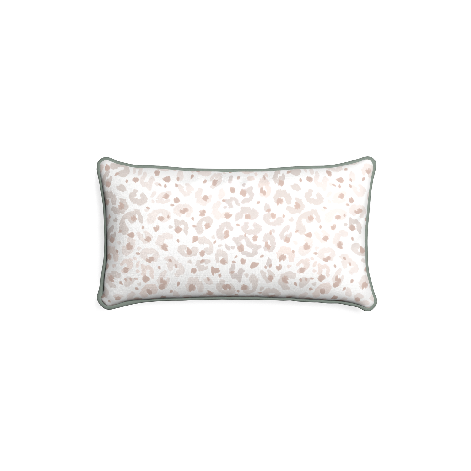Petite-lumbar rosie custom beige animal printpillow with sage piping on white background