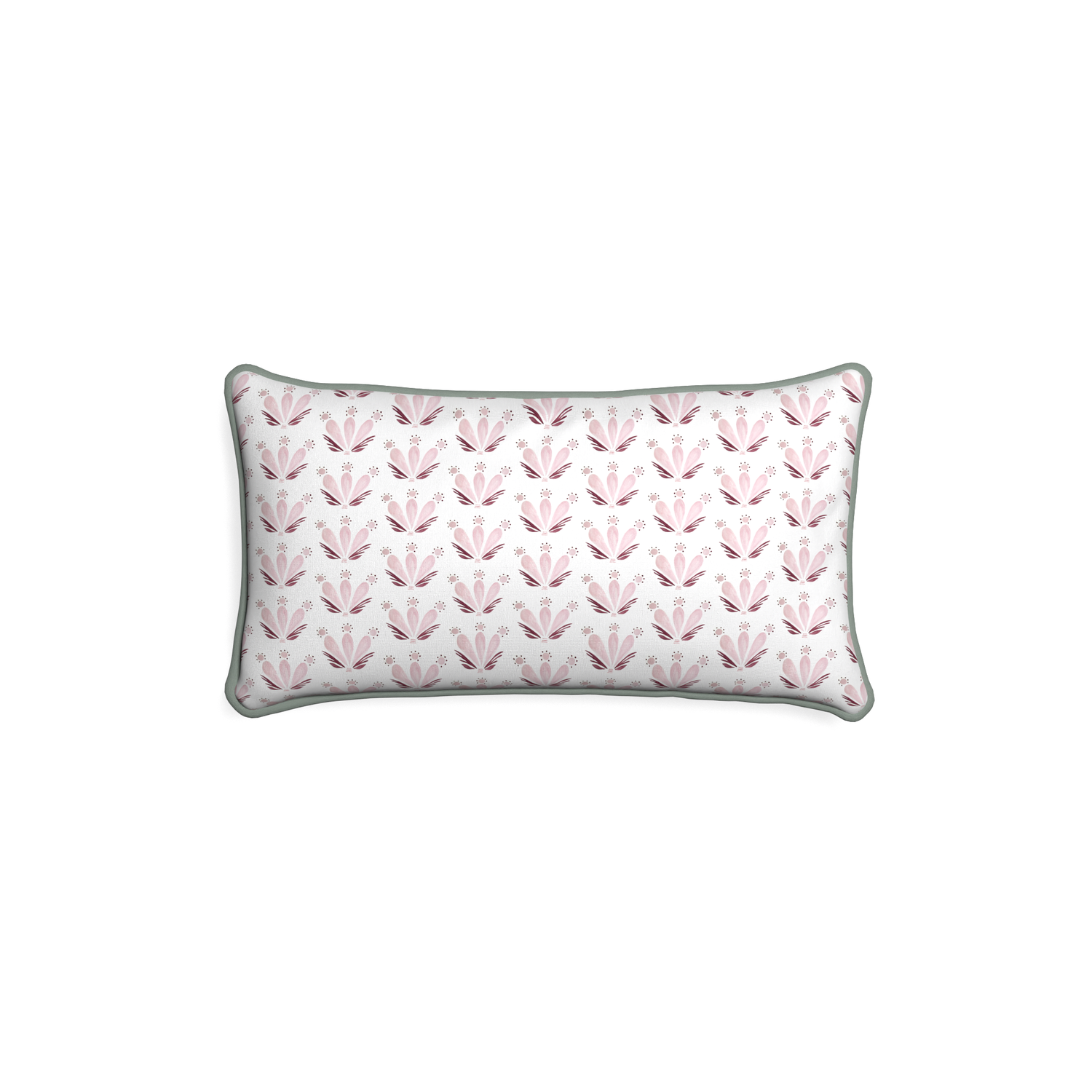 Petite-lumbar serena pink custom pink & burgundy drop repeat floralpillow with sage piping on white background
