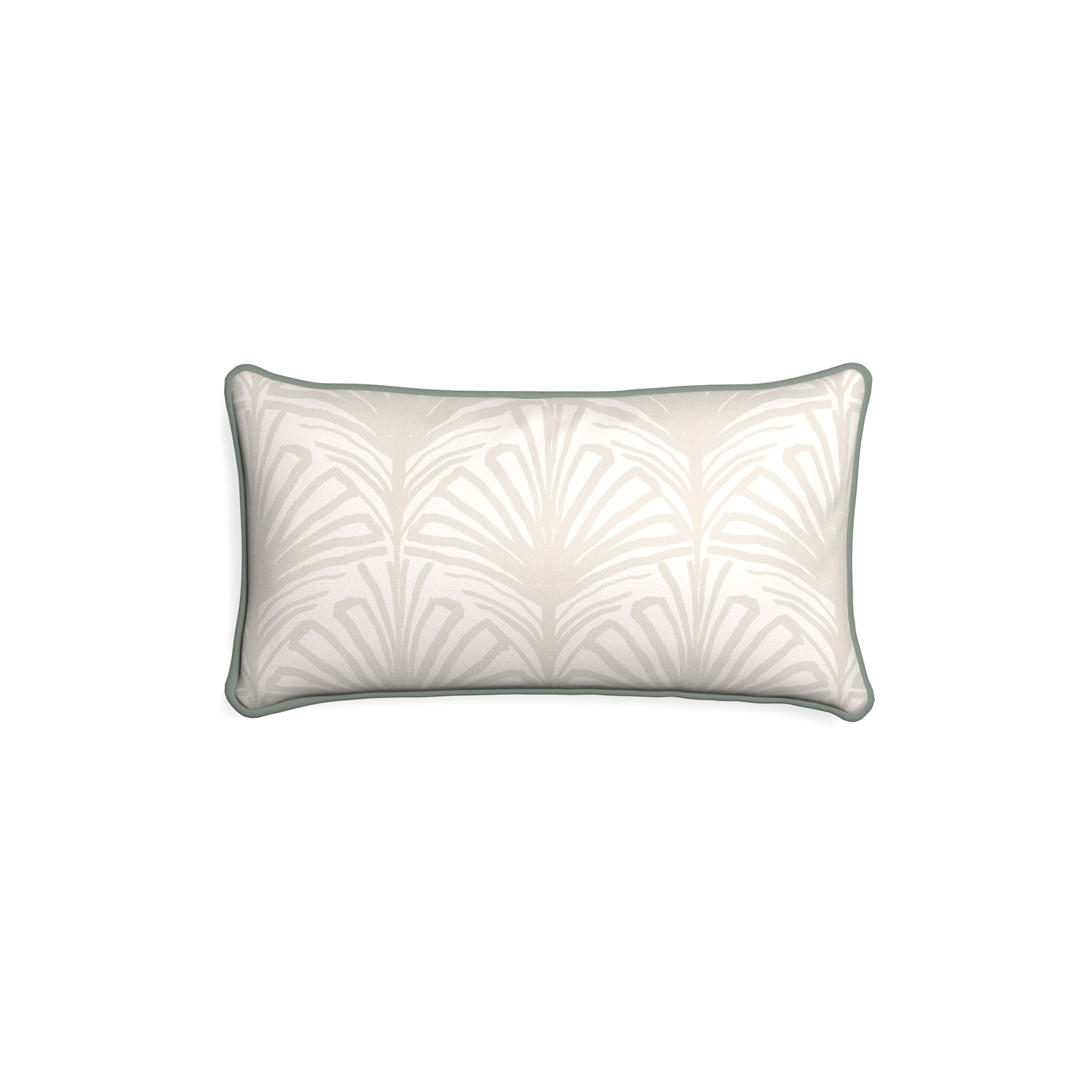 Petite-lumbar suzy sand custom beige palmpillow with sage piping on white background