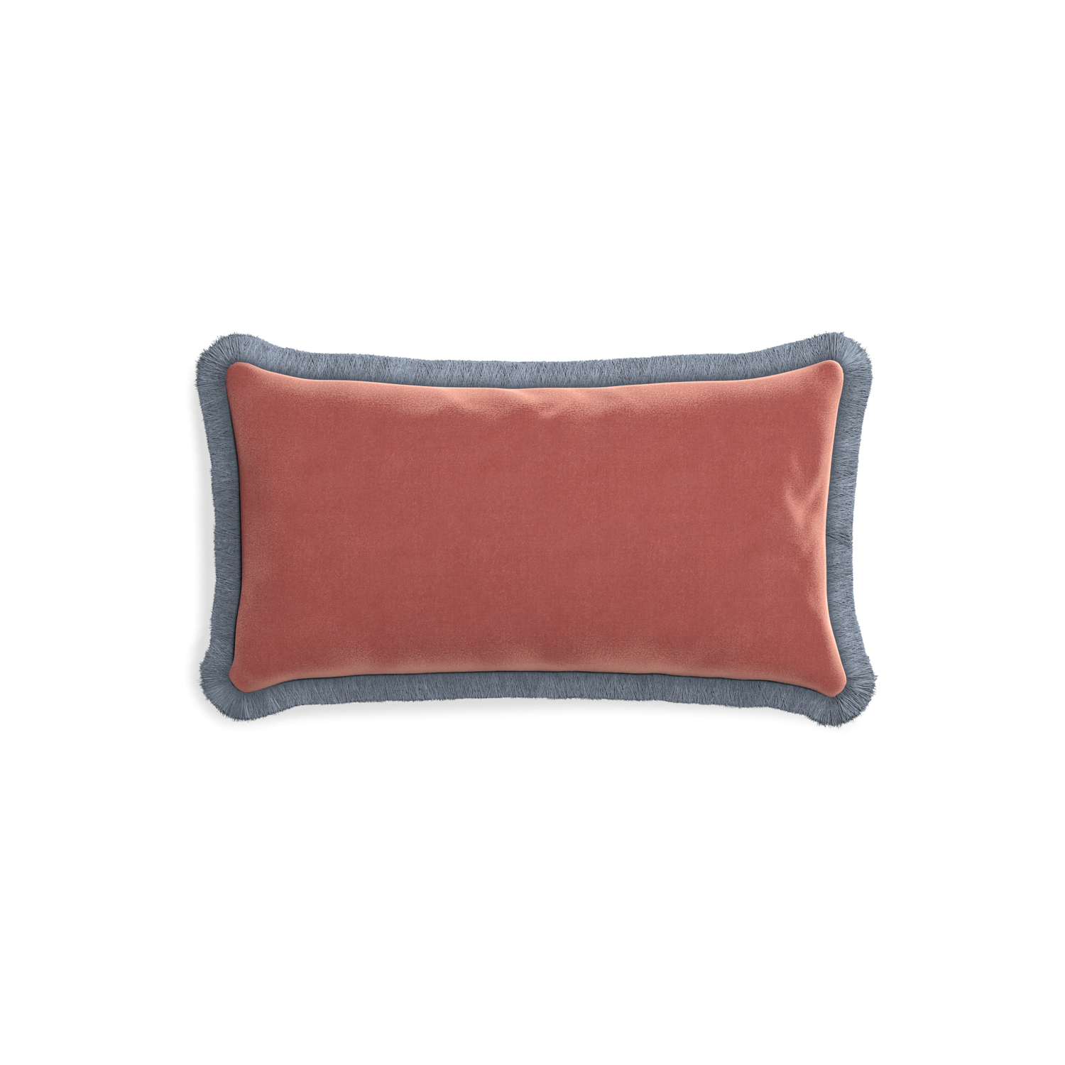 rectangle coral velvet pillow with sky blue fringe
