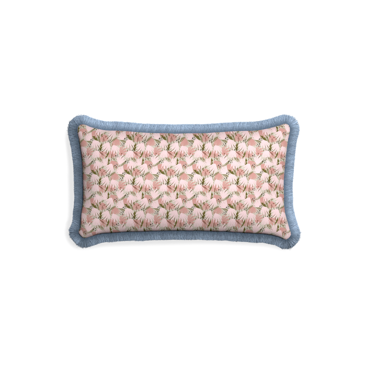 Petite-lumbar eden pink custom pink floralpillow with sky fringe on white background