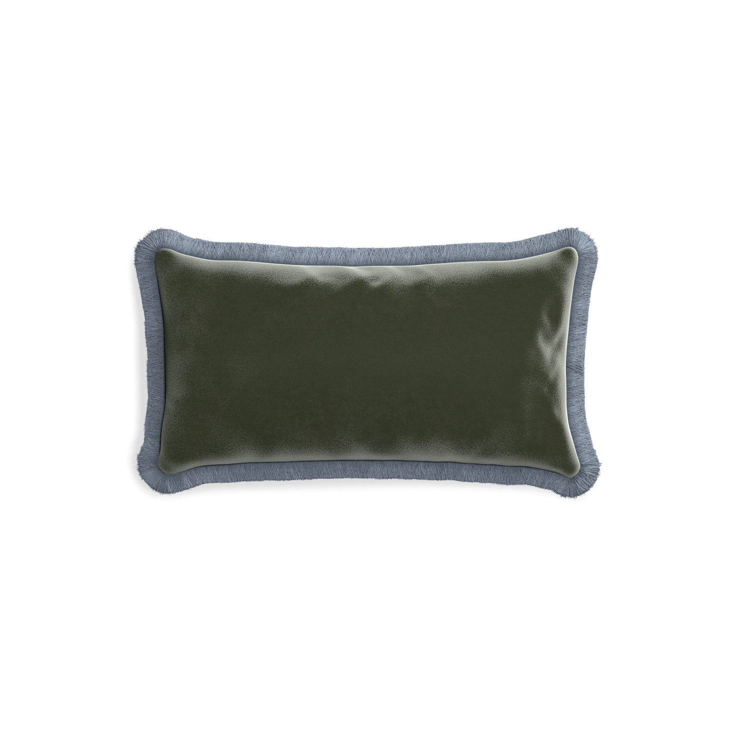 rectangle fern green velvet pillow with sky blue fringe
