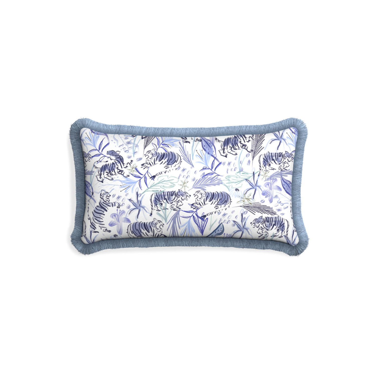 Petite-lumbar frida blue custom blue with intricate tiger designpillow with sky fringe on white background