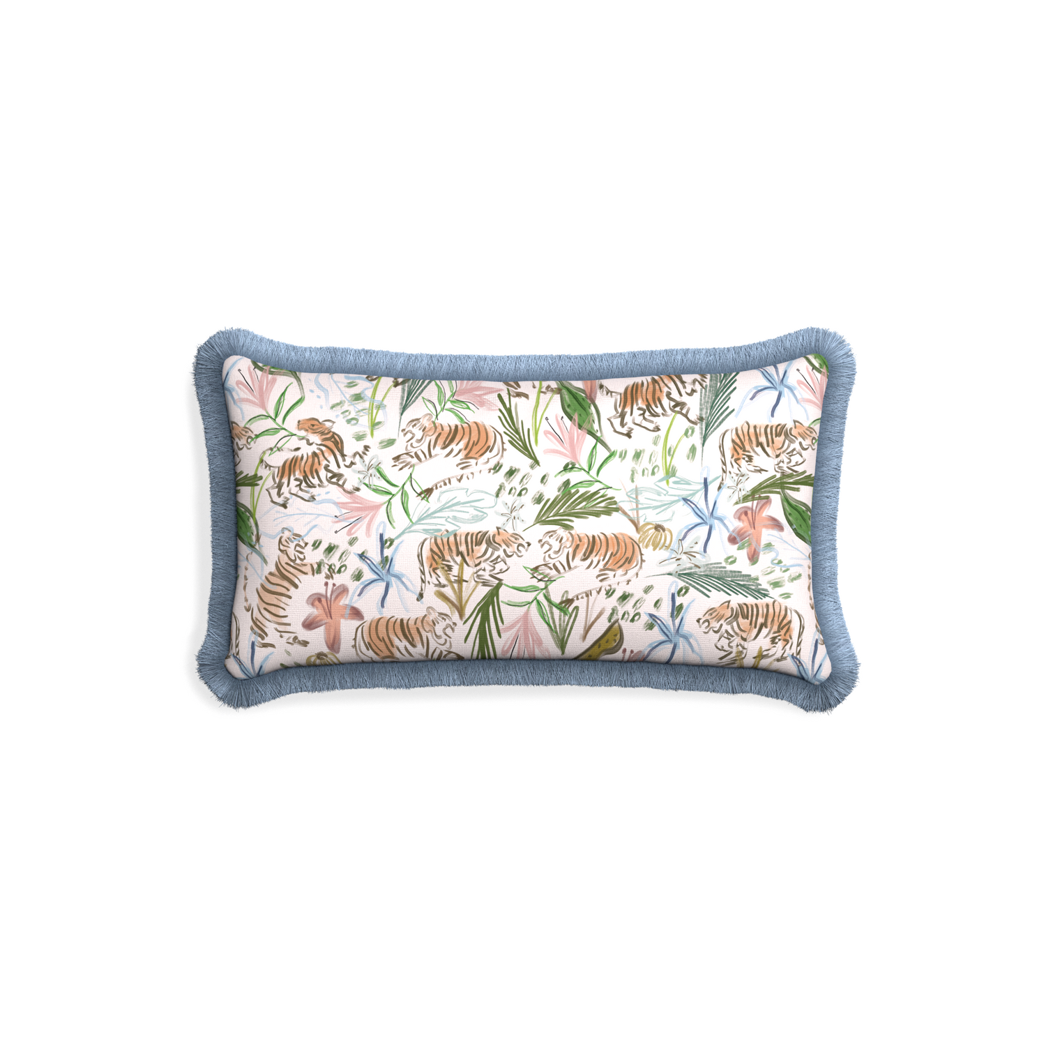 Petite-lumbar frida pink custom pink chinoiserie tigerpillow with sky fringe on white background