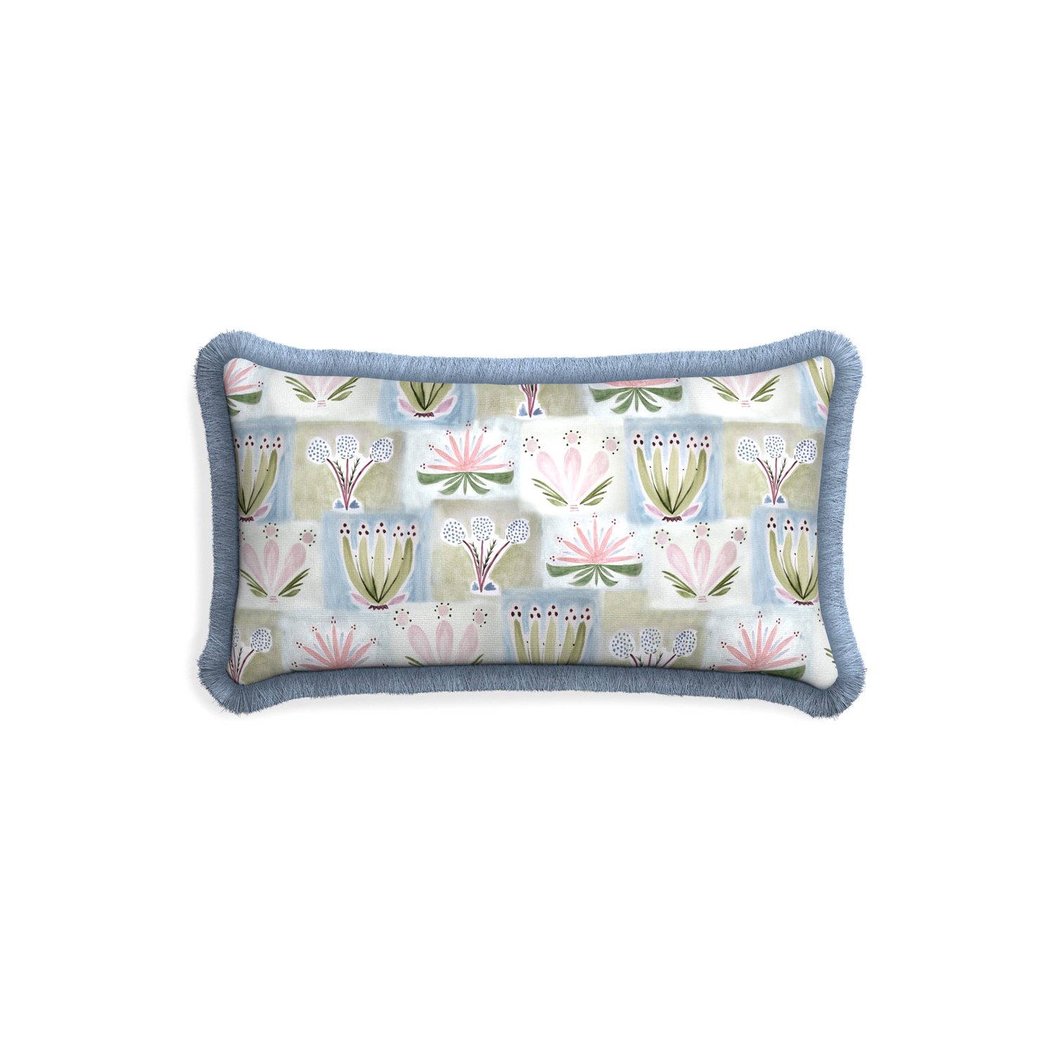 Petite-lumbar harper custom hand-painted floralpillow with sky fringe on white background