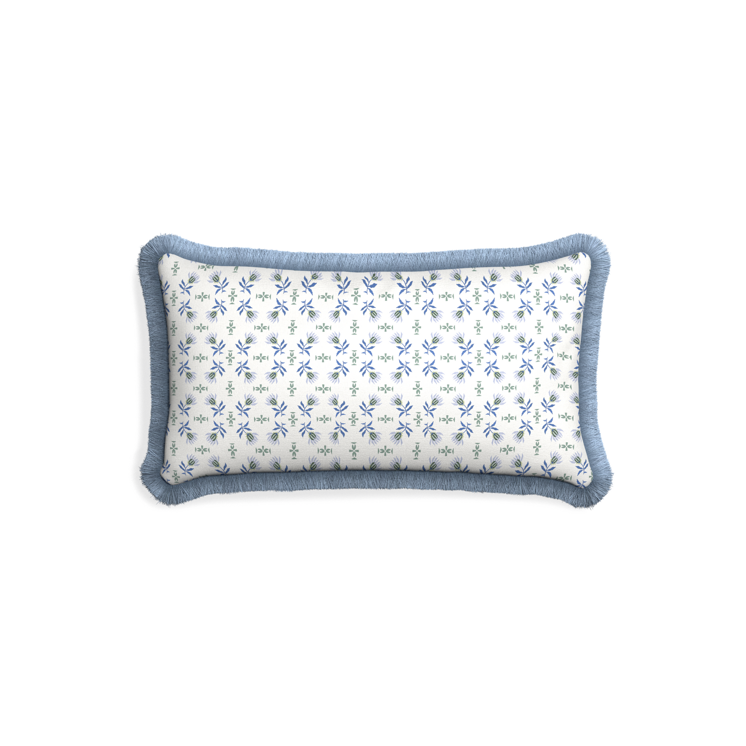 Petite-lumbar lee custom blue & green floralpillow with sky fringe on white background