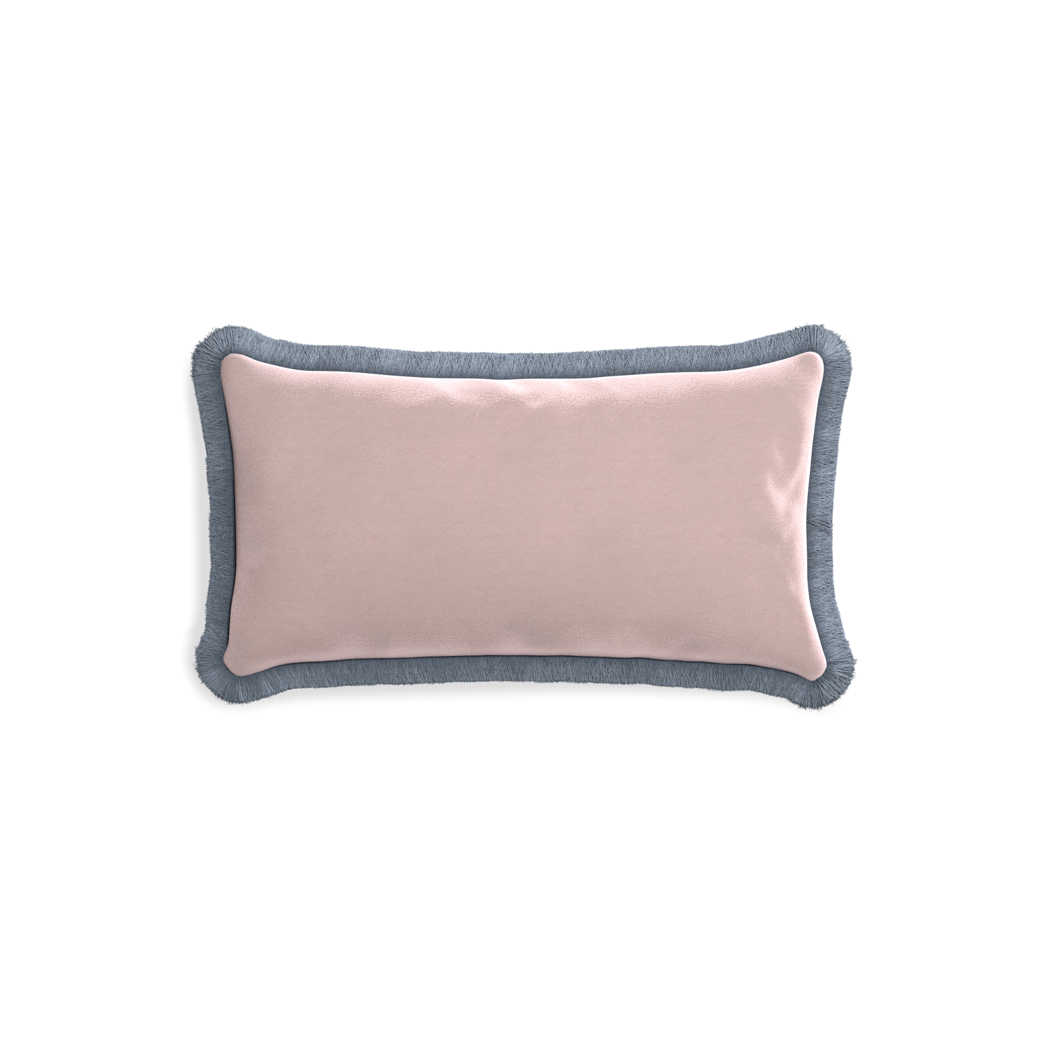 rectangle light pink velvet pillow with sky blue fringe