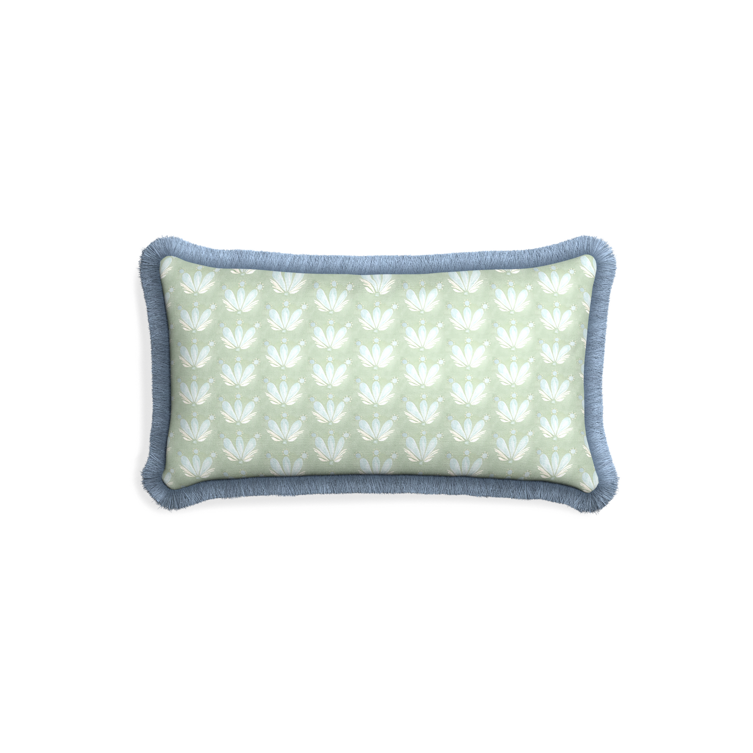Petite-lumbar serena sea salt custom blue & green floral drop repeatpillow with sky fringe on white background
