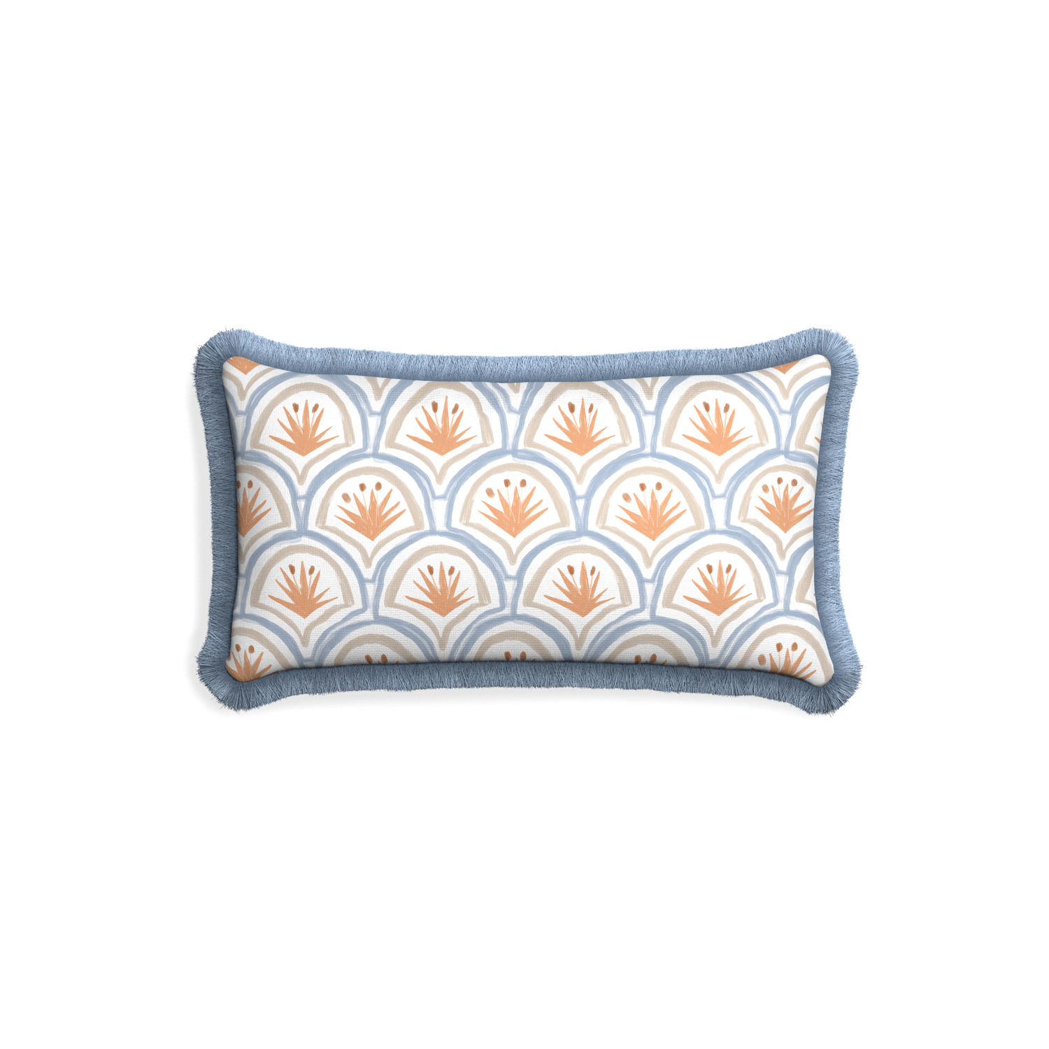 Petite-lumbar thatcher apricot custom art deco palm patternpillow with sky fringe on white background