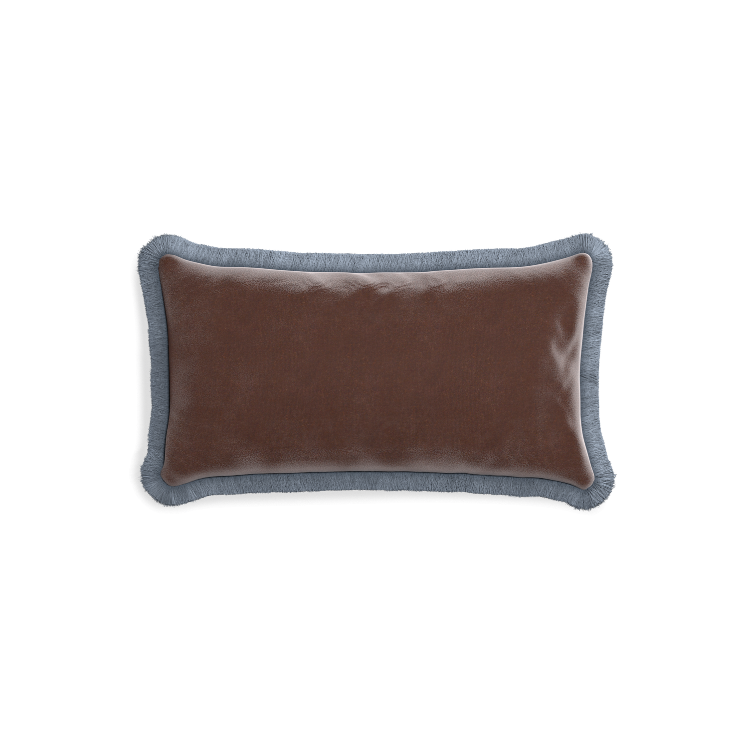 rectangle brown velvet pillow with sky blue fringe