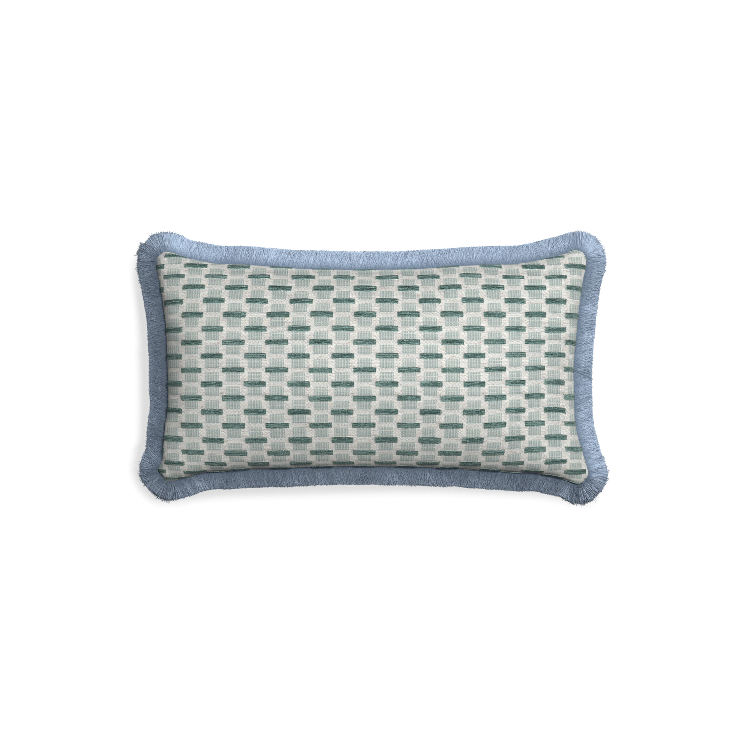 Petite-lumbar willow mint custom green geometric chenillepillow with sky fringe on white background