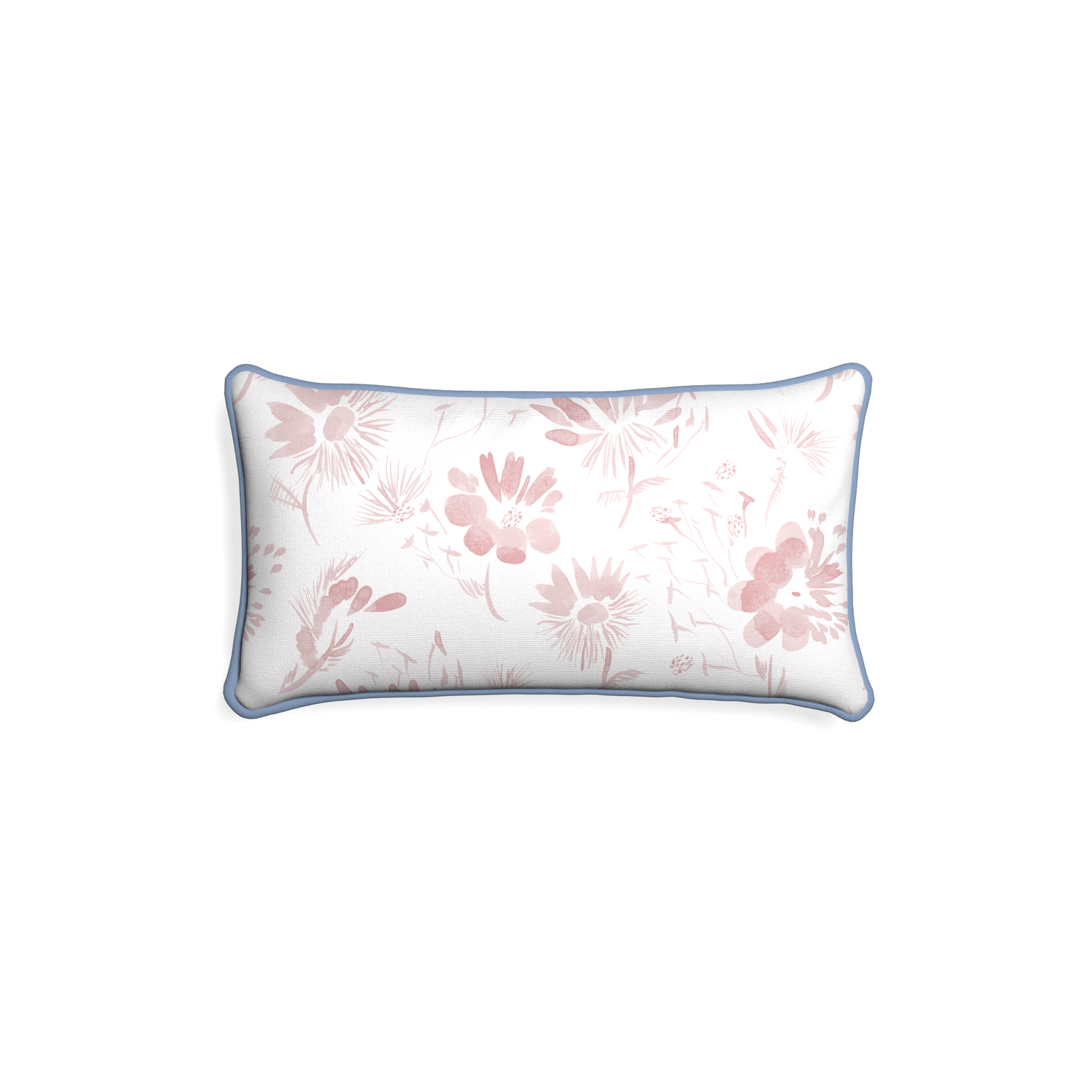 Petite-lumbar blake custom pink floralpillow with sky piping on white background