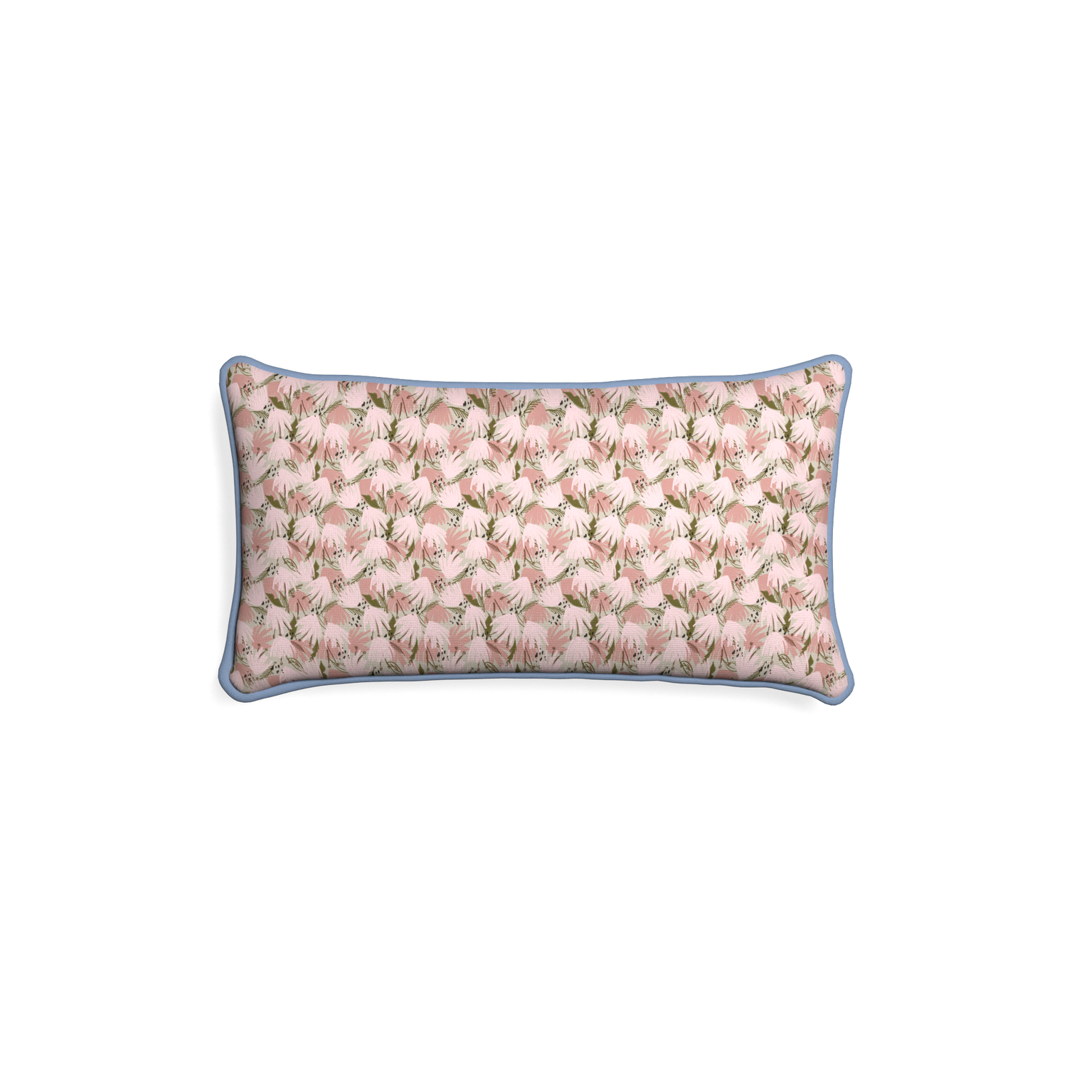 Petite-lumbar eden pink custom pink floralpillow with sky piping on white background