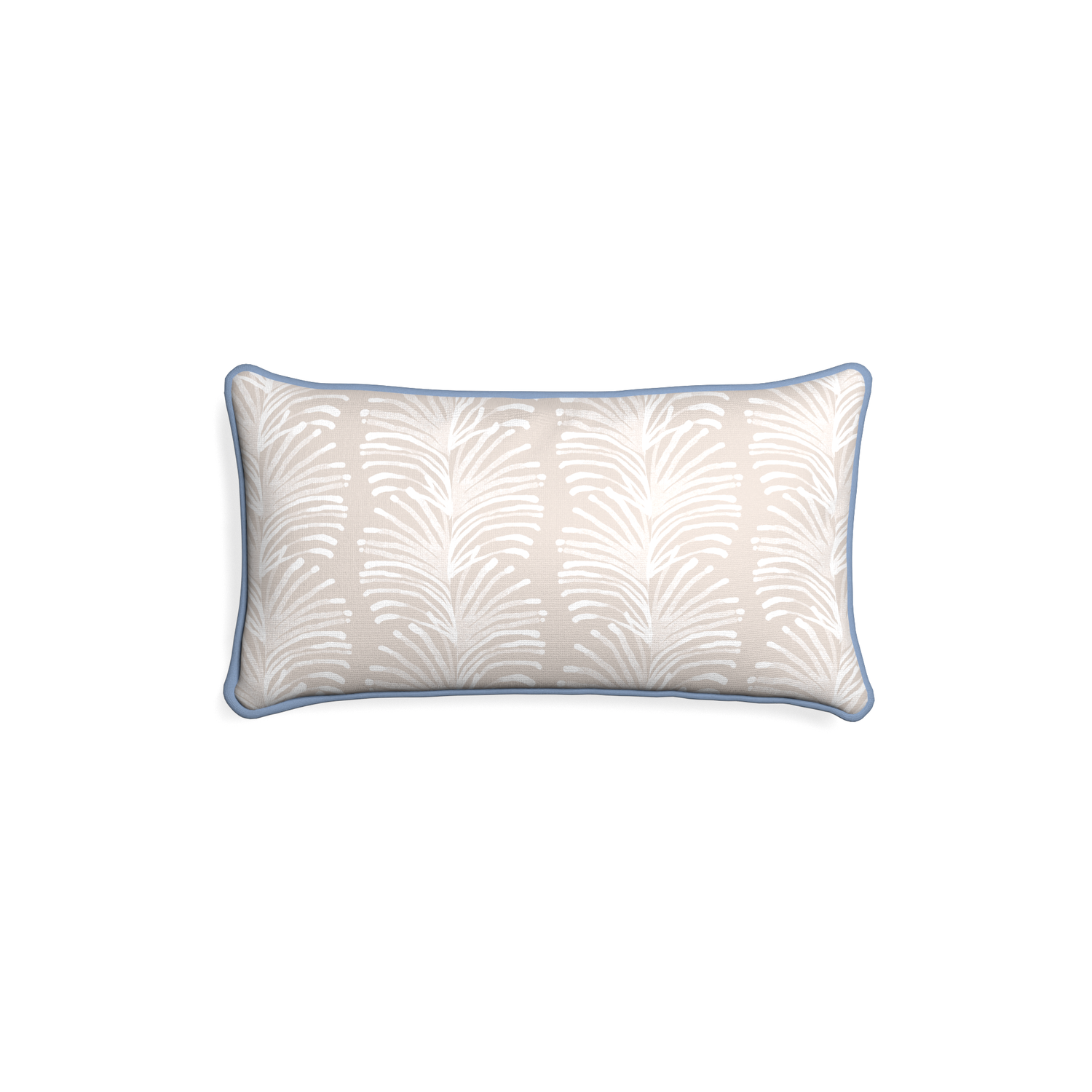 Petite-lumbar emma sand custom sand colored botanical stripepillow with sky piping on white background