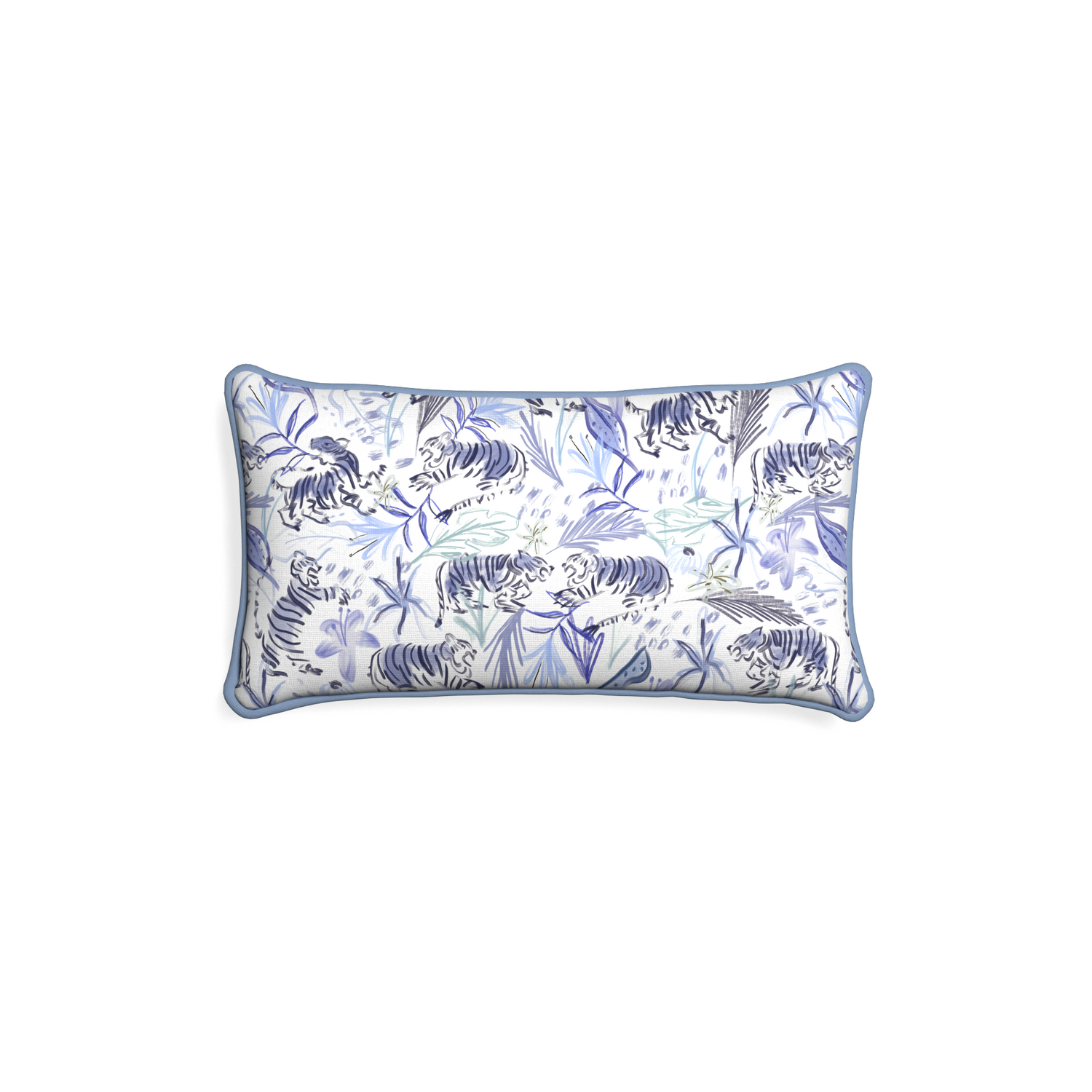 Petite-lumbar frida blue custom blue with intricate tiger designpillow with sky piping on white background
