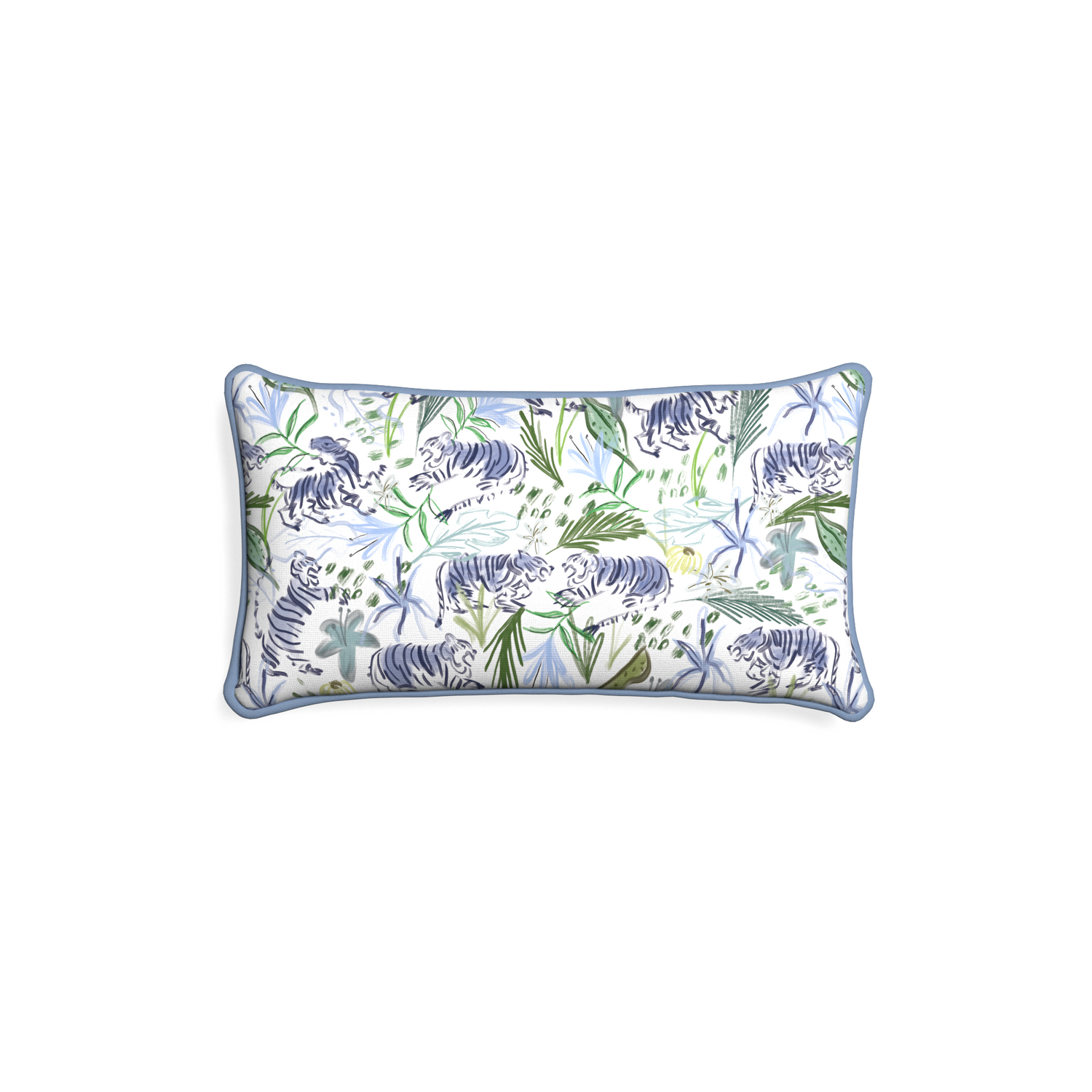 Petite-lumbar frida green custom green tigerpillow with sky piping on white background