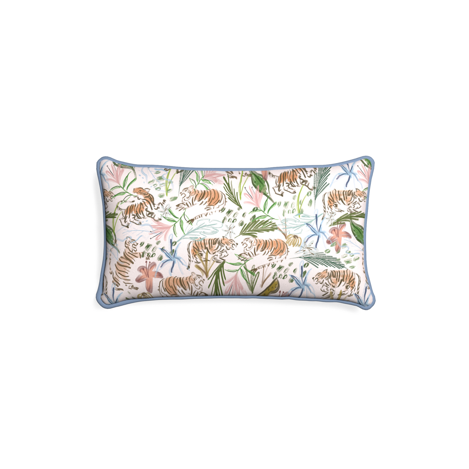 Petite-lumbar frida pink custom pink chinoiserie tigerpillow with sky piping on white background