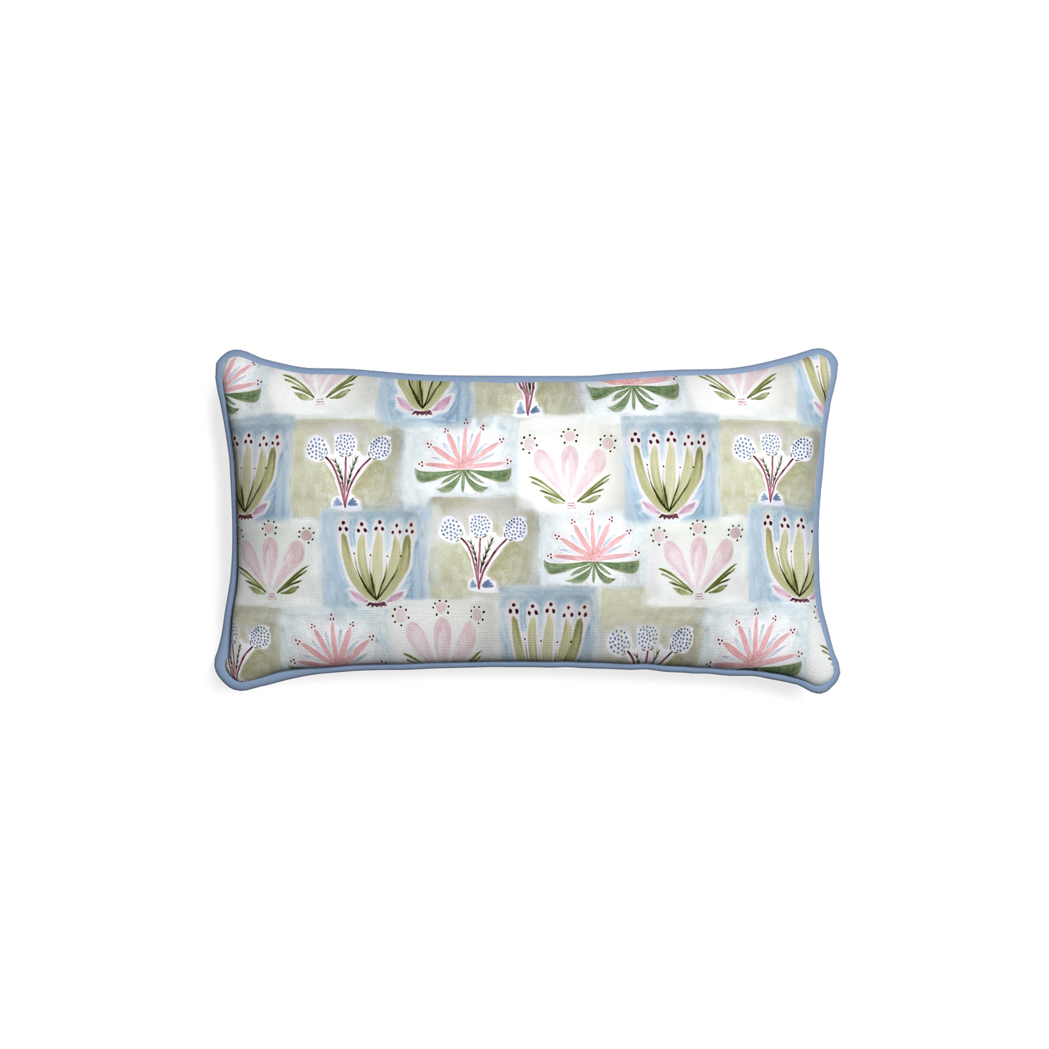 Petite-lumbar harper custom hand-painted floralpillow with sky piping on white background