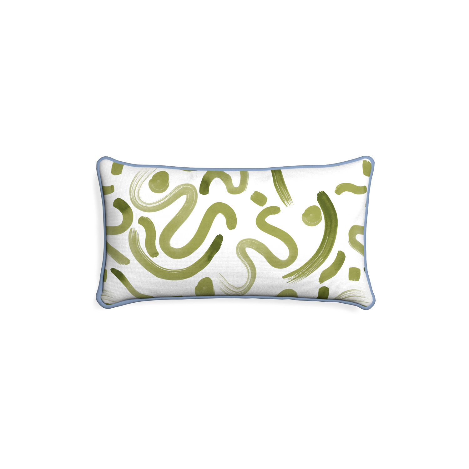 Petite-lumbar hockney moss custom moss greenpillow with sky piping on white background