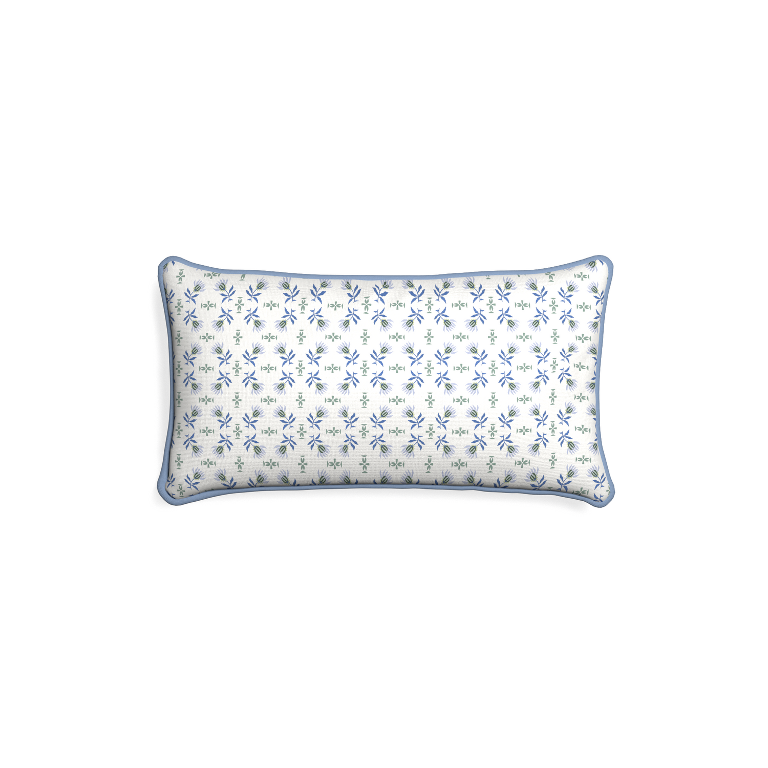 Petite-lumbar lee custom blue & green floralpillow with sky piping on white background
