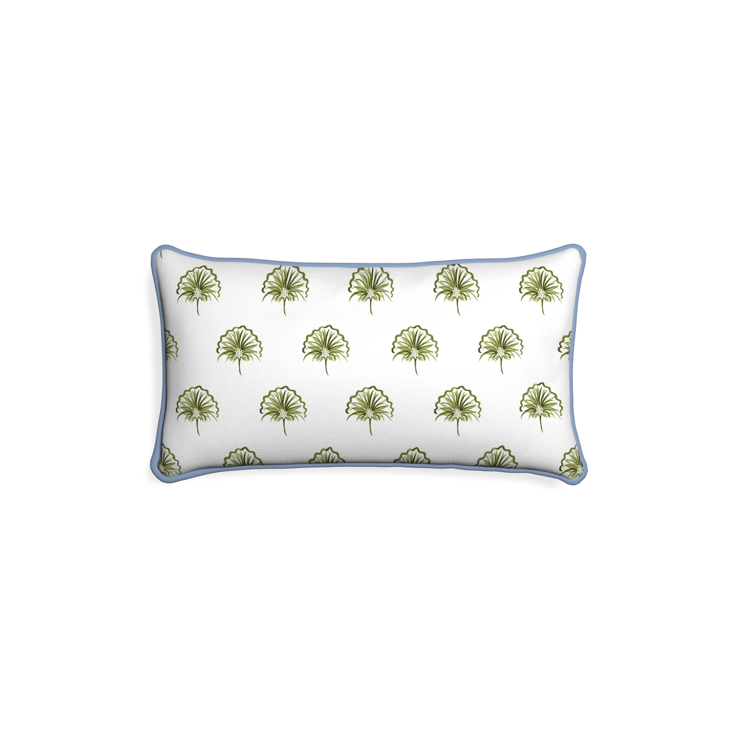 Petite-lumbar penelope moss custom green floralpillow with sky piping on white background